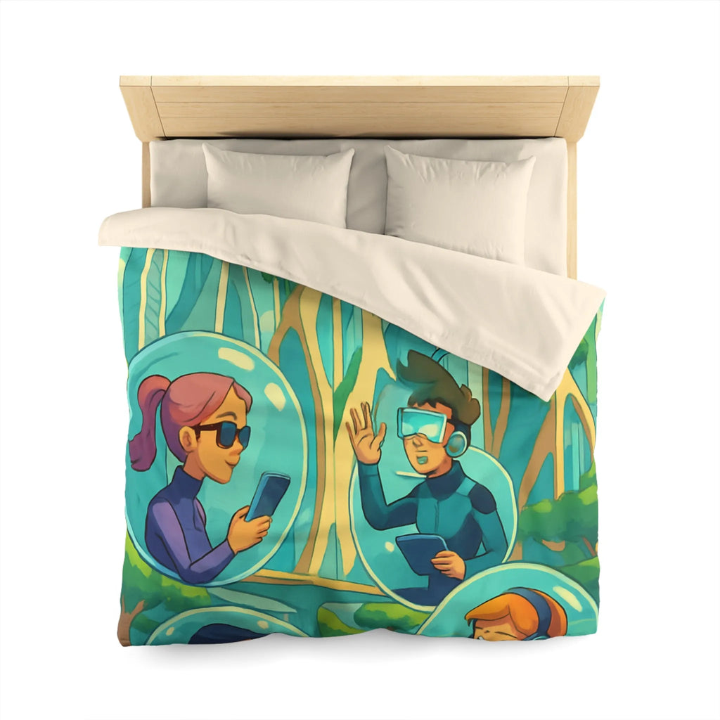 Housse de couette futuriste avec paysage urbain et personnages connectés en réalité augmentée