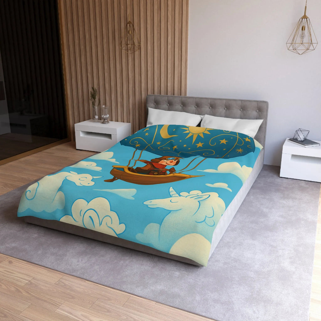 Housse de Couette Fantastique Enfantine avec Montgolfière et Licornes en Nuages