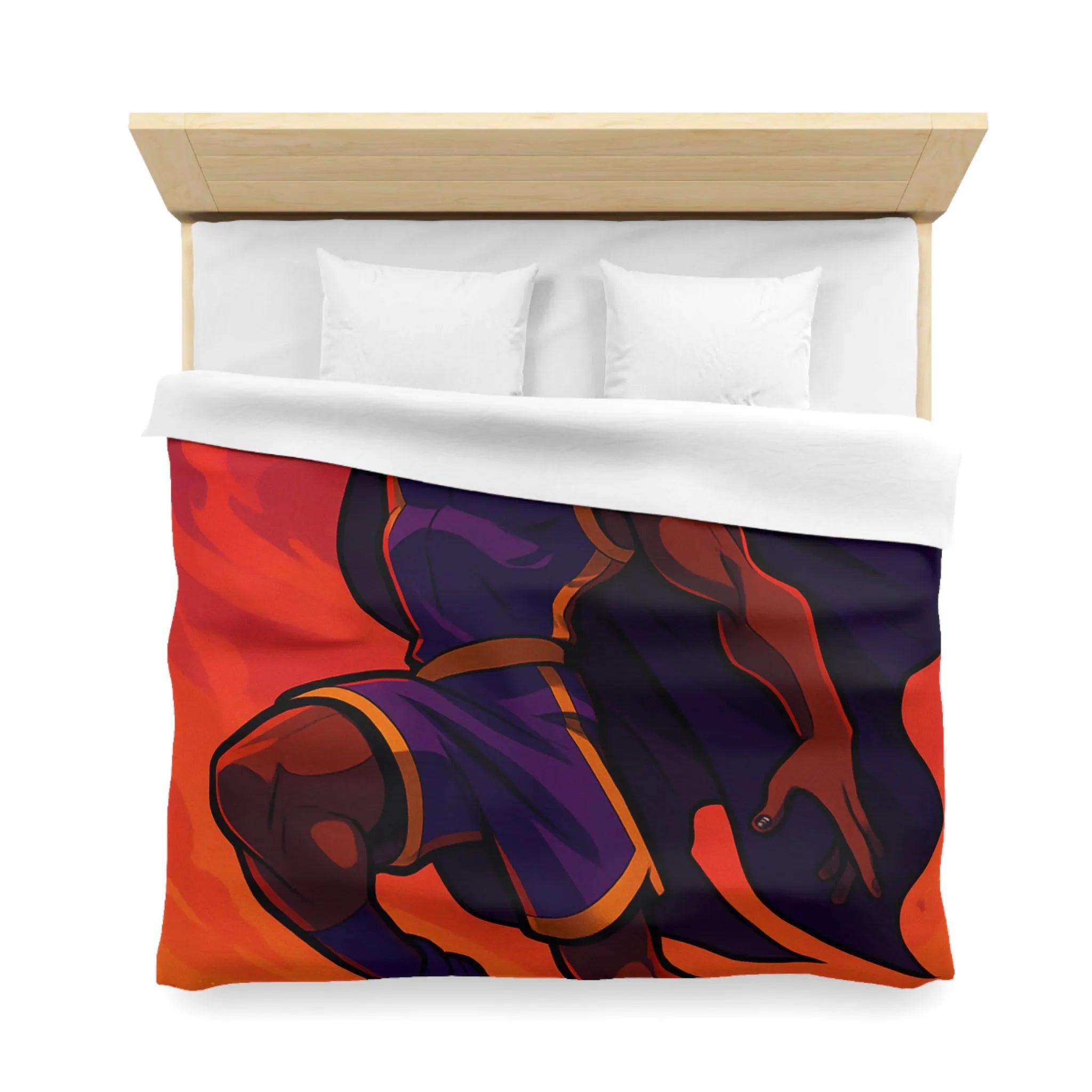 Housse de couette homme volant avec cape et ballon lumineux sur fond orange