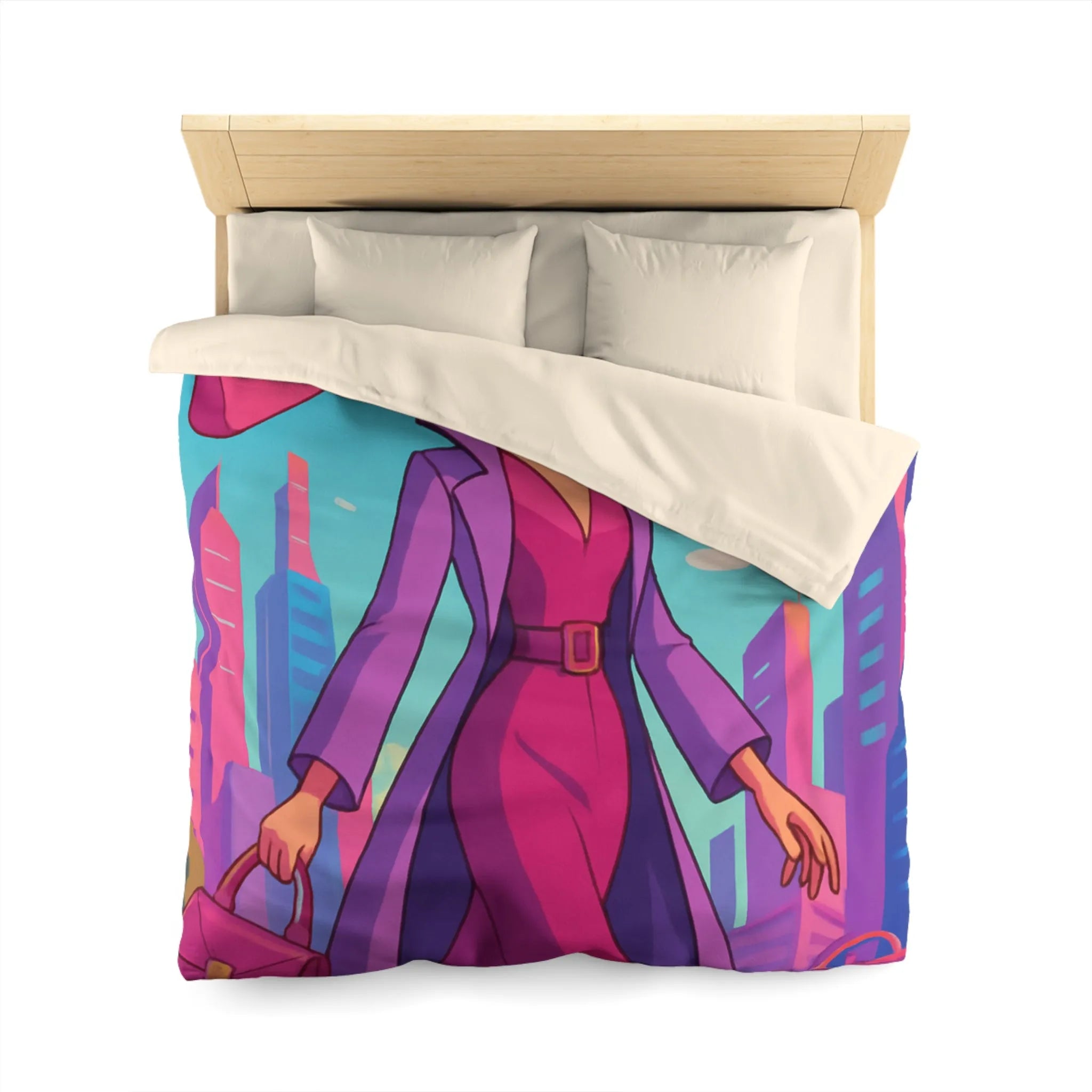 Élégante illustration urbaine rétro-futuriste avec personnage glamour et accessoires stylés en rose