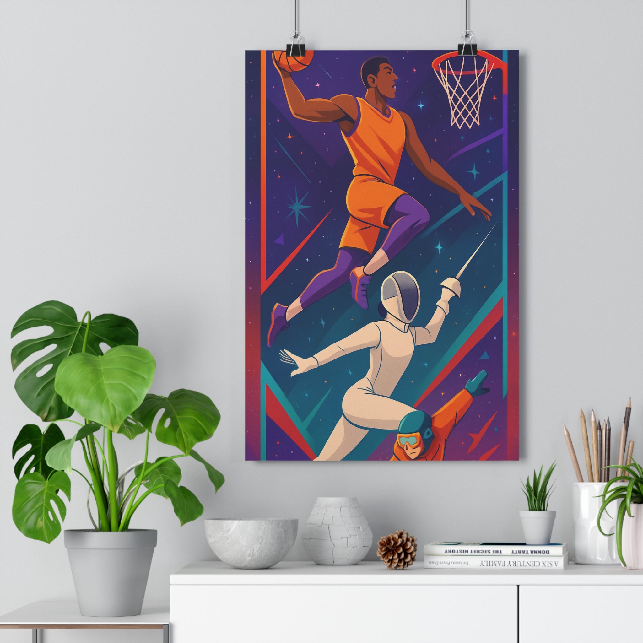 Poster décoratif dessin animé orange bleu violet sportif dynamique salon chambre bureau athlètes mouvement