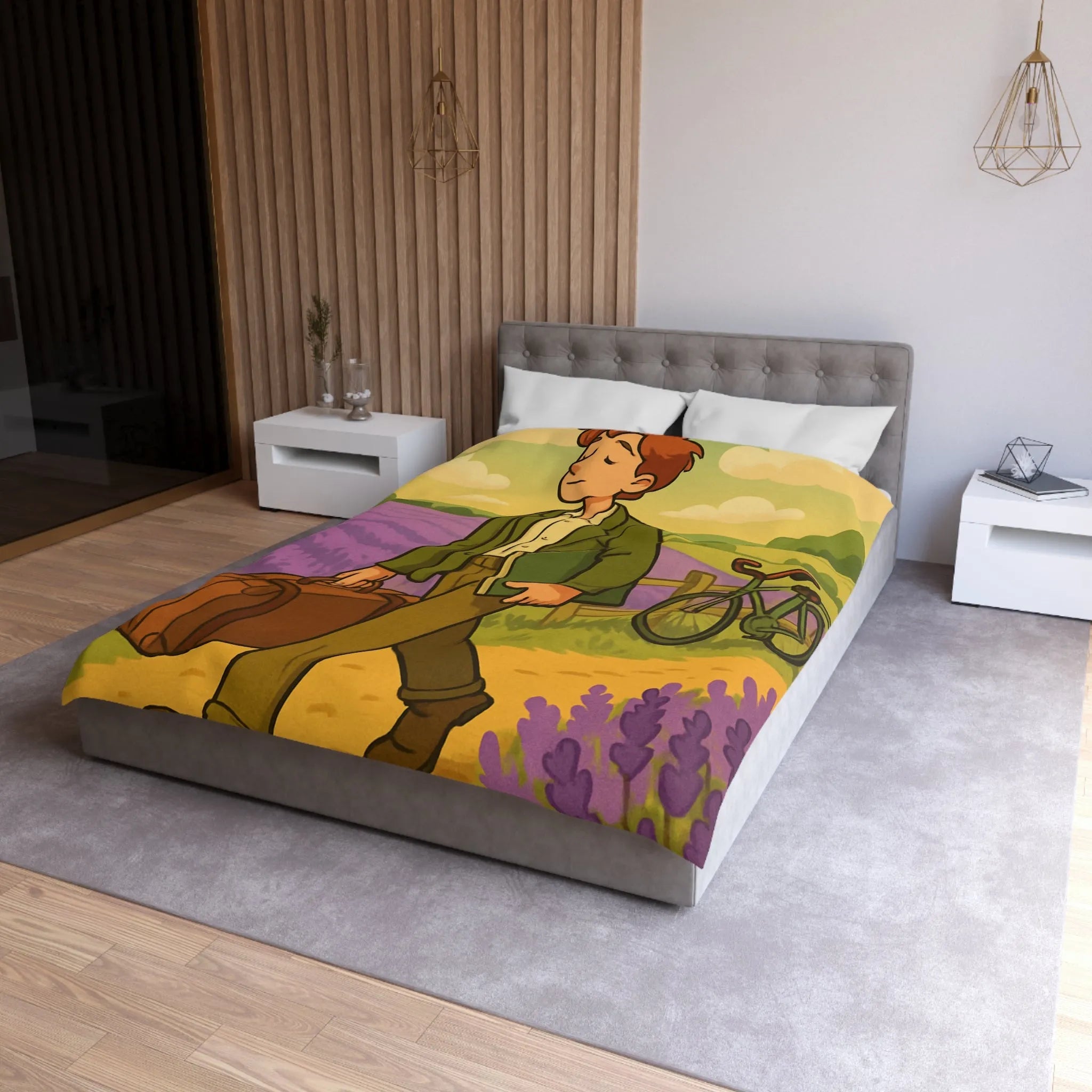 Housse de Couette Champêtre Lavande avec Jeune Homme et Vieux Vélo Vintage