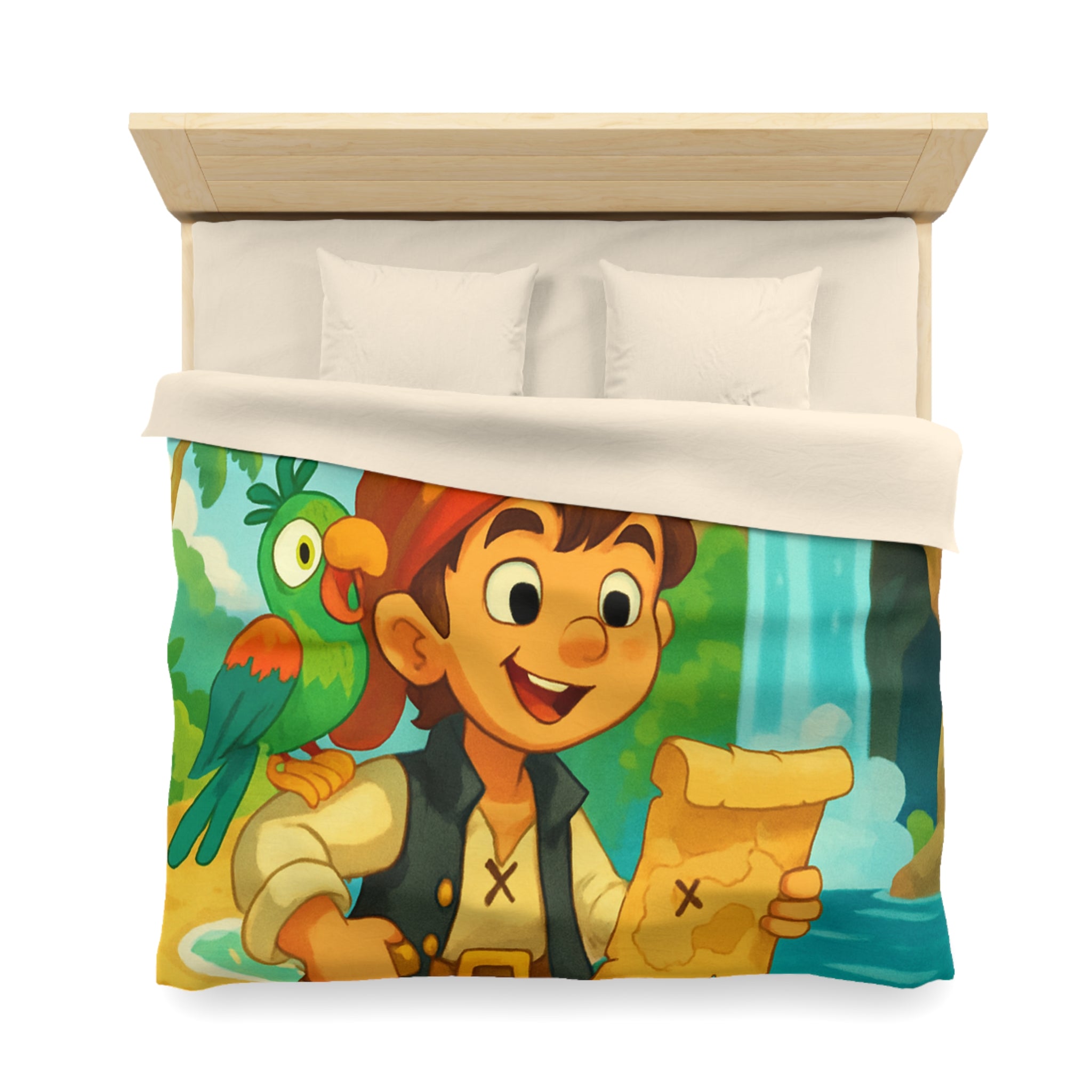 Housse de Couette Pirate Enfantine avec Perroquet, Carte au Trésor, Cascade et Plage