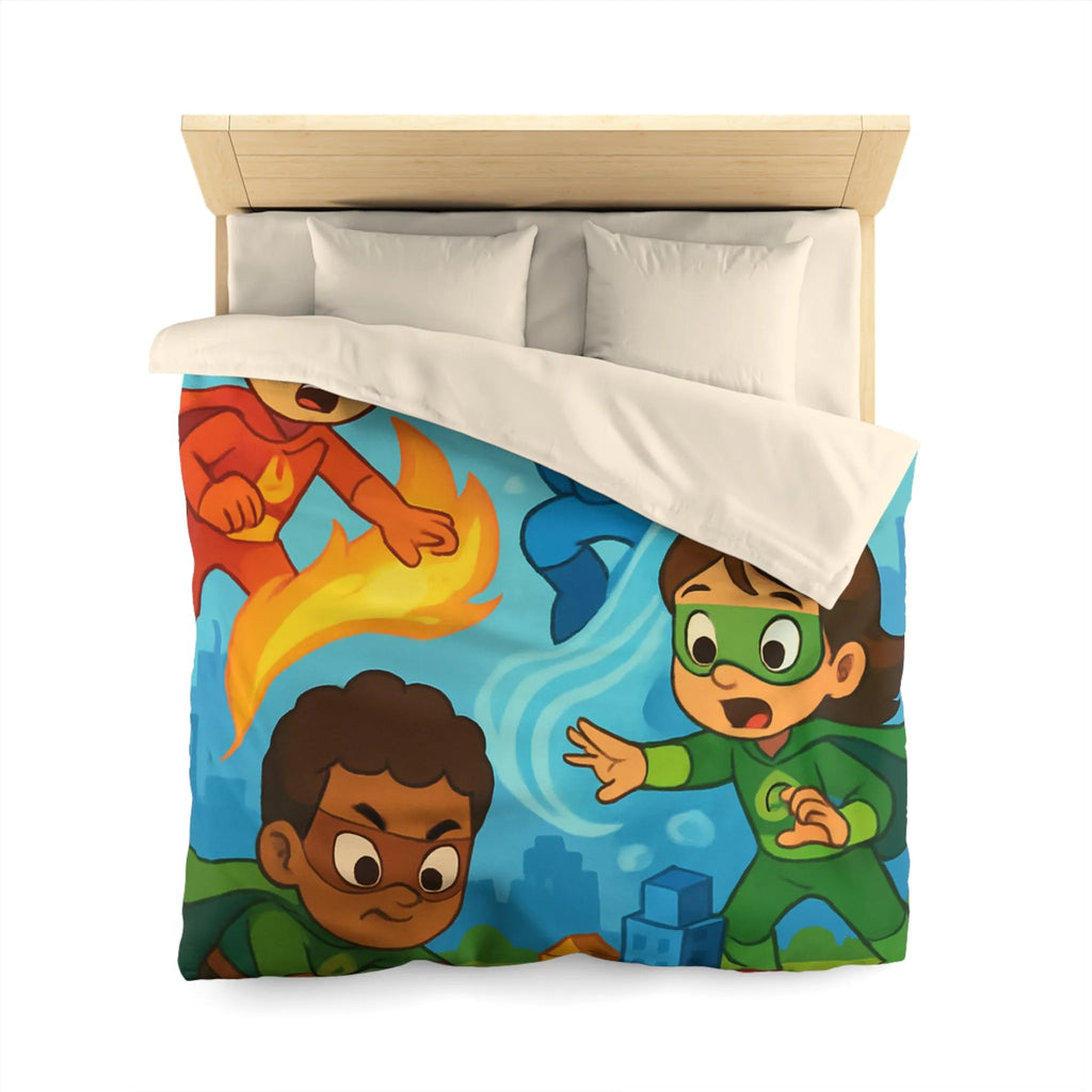 Housse de couette enfant avec super-héros colorés en action dans une ville imaginaire