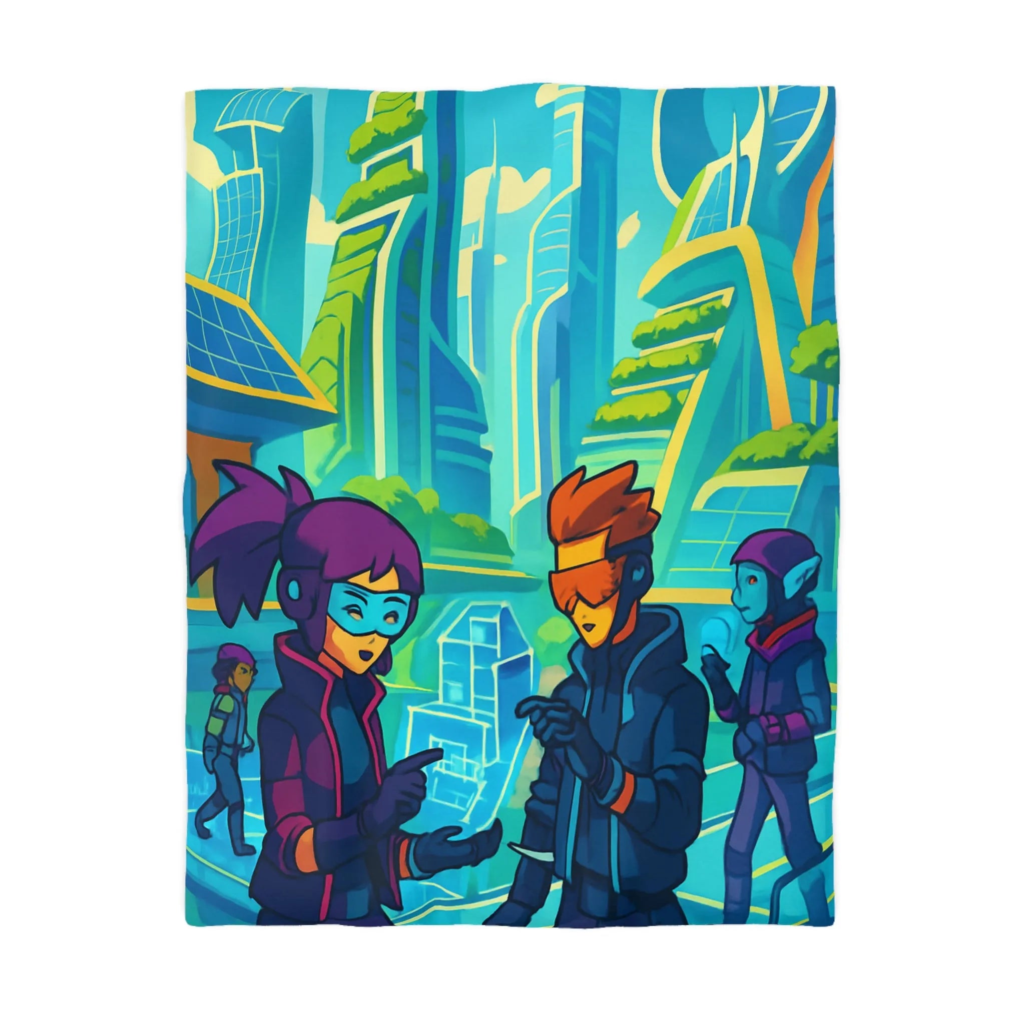 Housse de couette futuriste avec design coloré et thème urbain science-fiction moderne