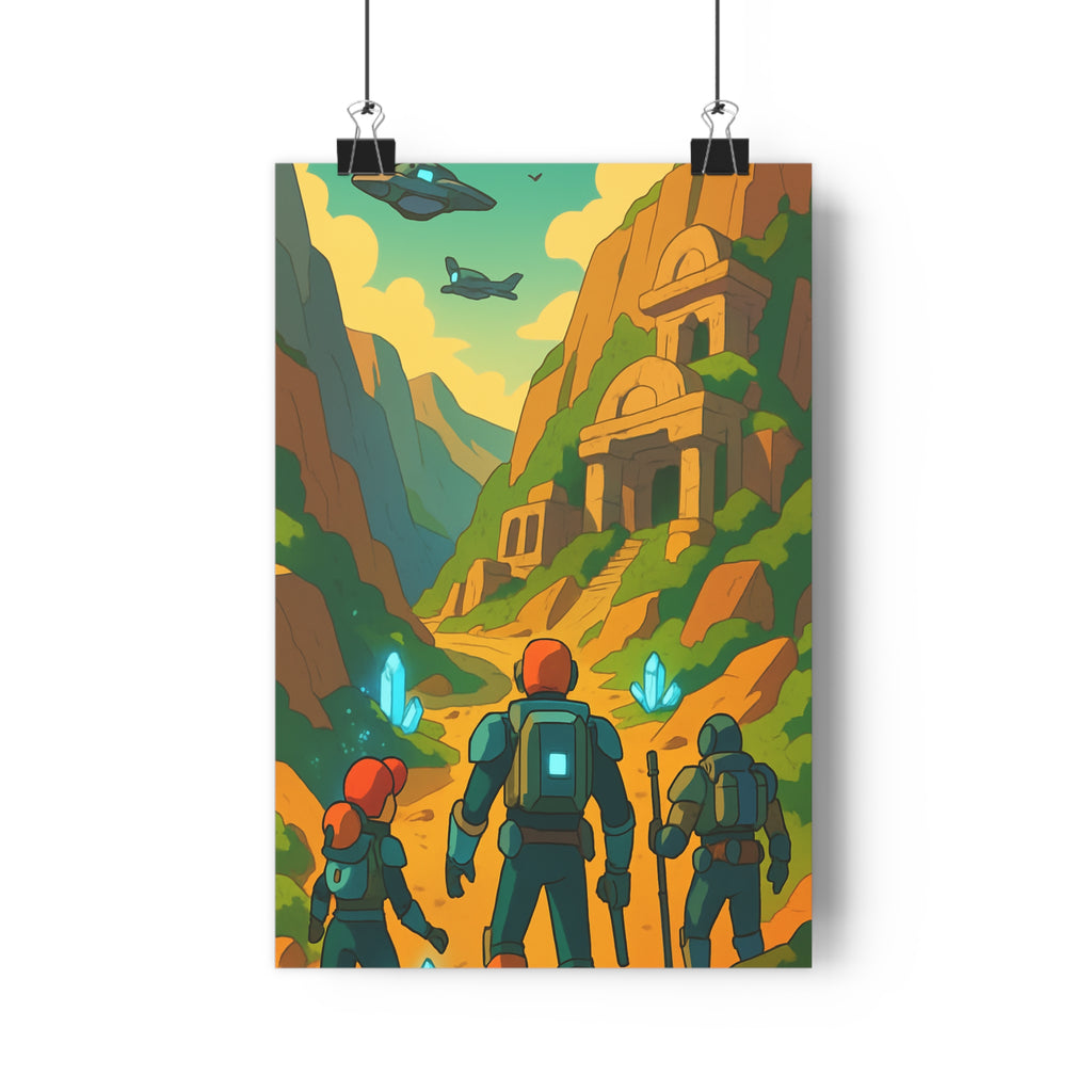 Poster décoratif rétrofuturiste vert orange aventure sciencefiction salon chambre explorateurs montagnes cristaux structure vaisseaux