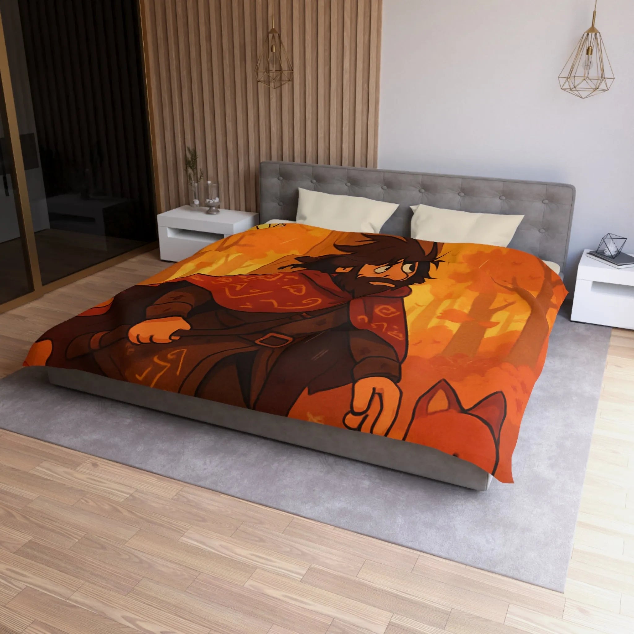 Housse de Couette Artistique avec Forêt Mystique d'Automne, Homme Barbu et Animaux Joyeux