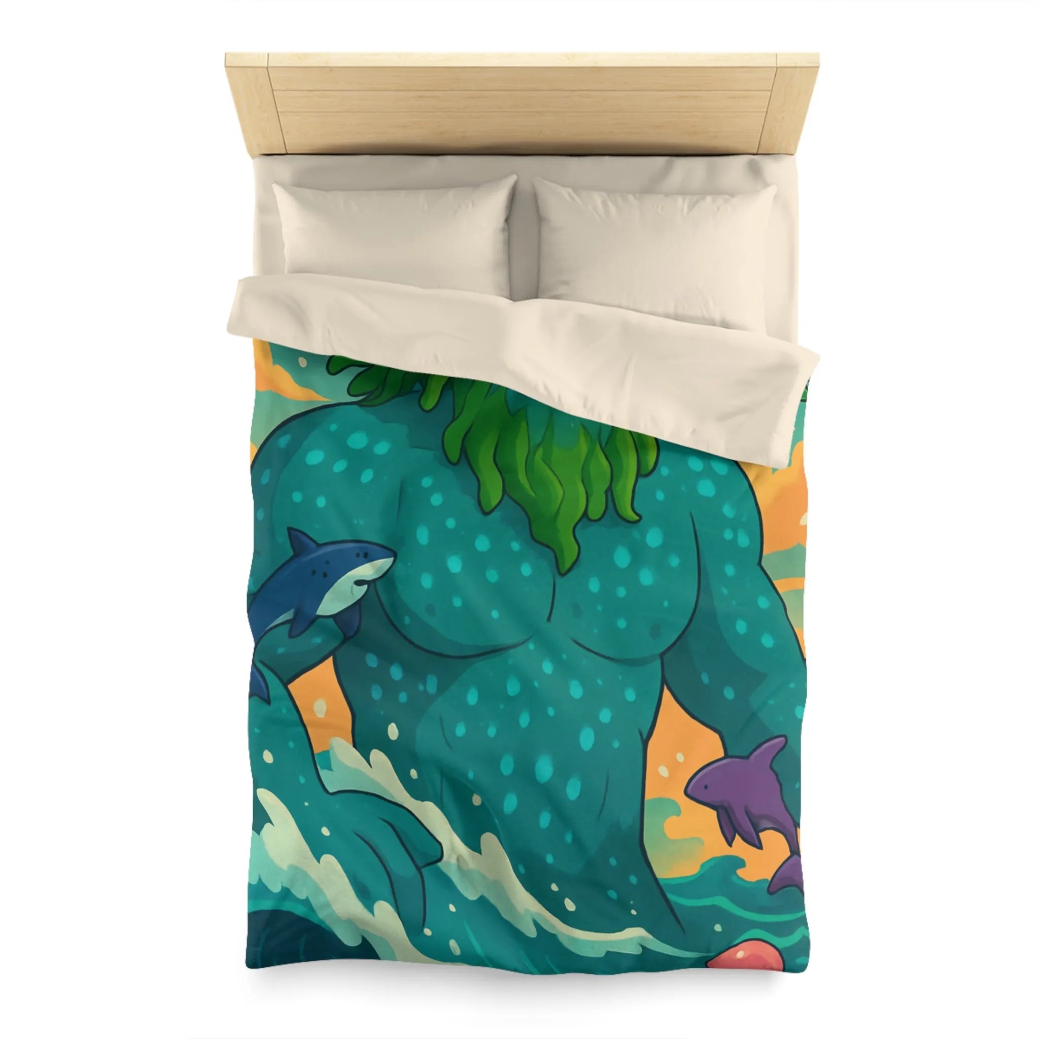 Housse de couette avec géant des mers, faune marine et ciel coloré