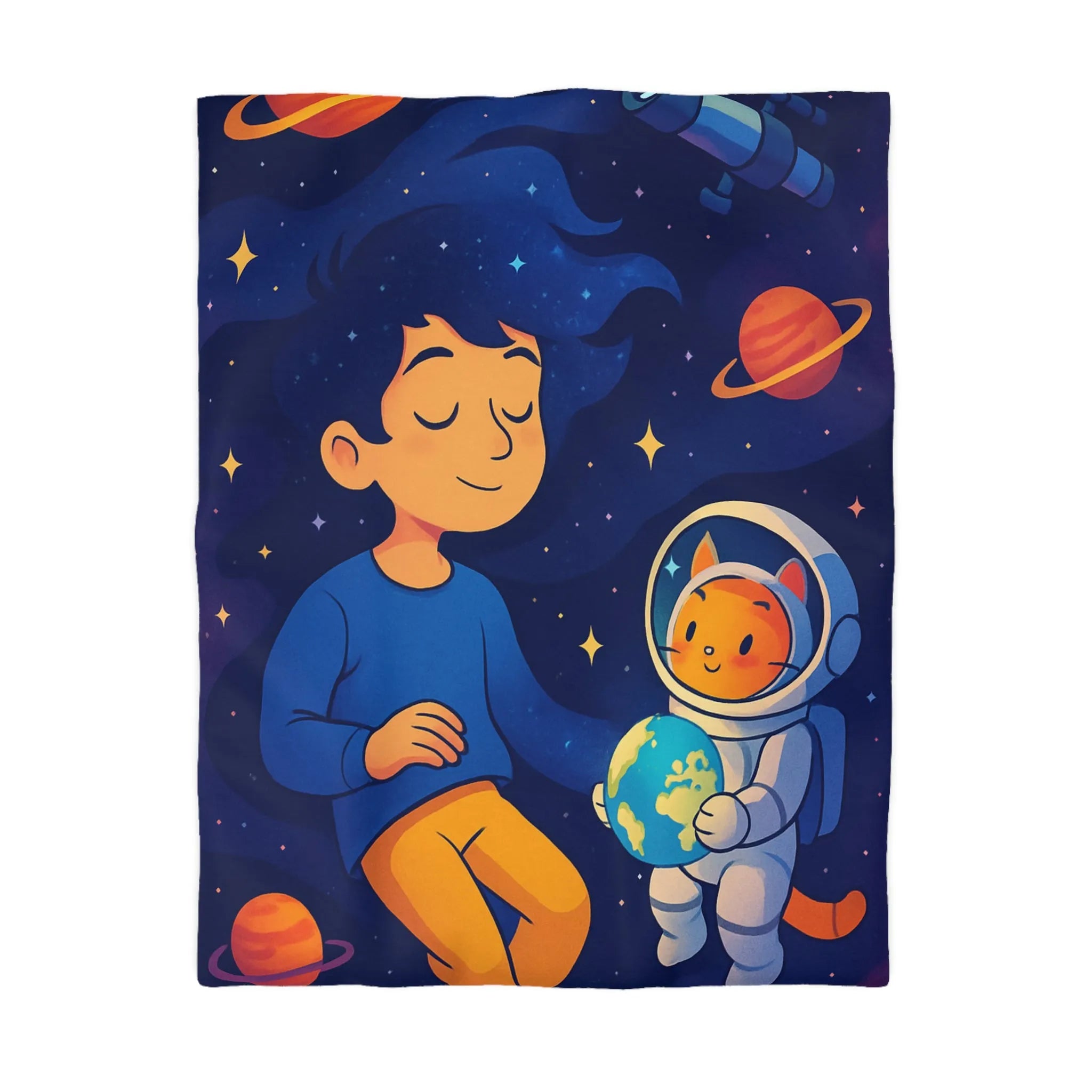 Housse de couette enfant rêve cosmique avec chat astronaute et planètes colorées