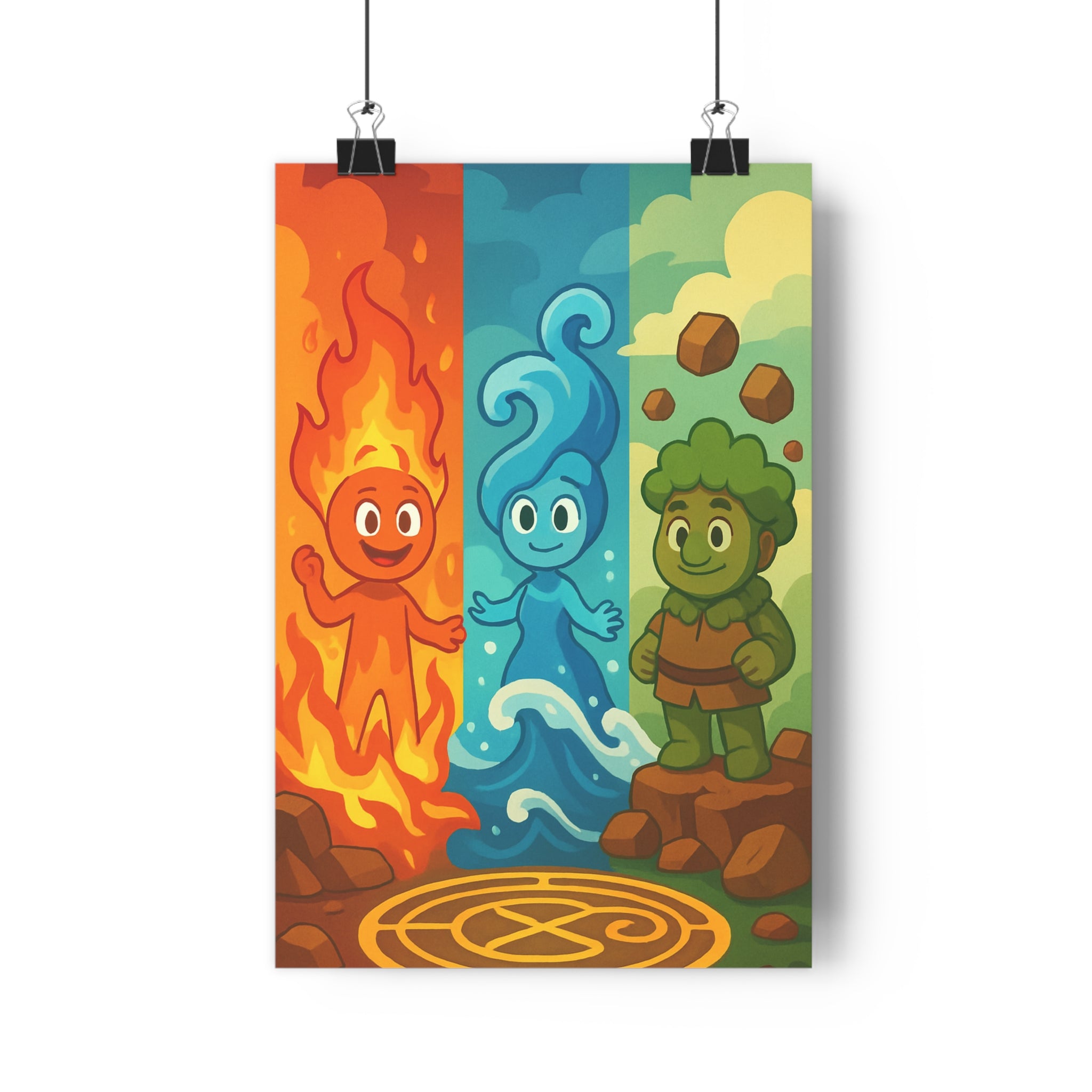 Poster décoratif cartoon fantastique feu eau terre couleurs chaudes froides salon chambre dynamique harmonieux