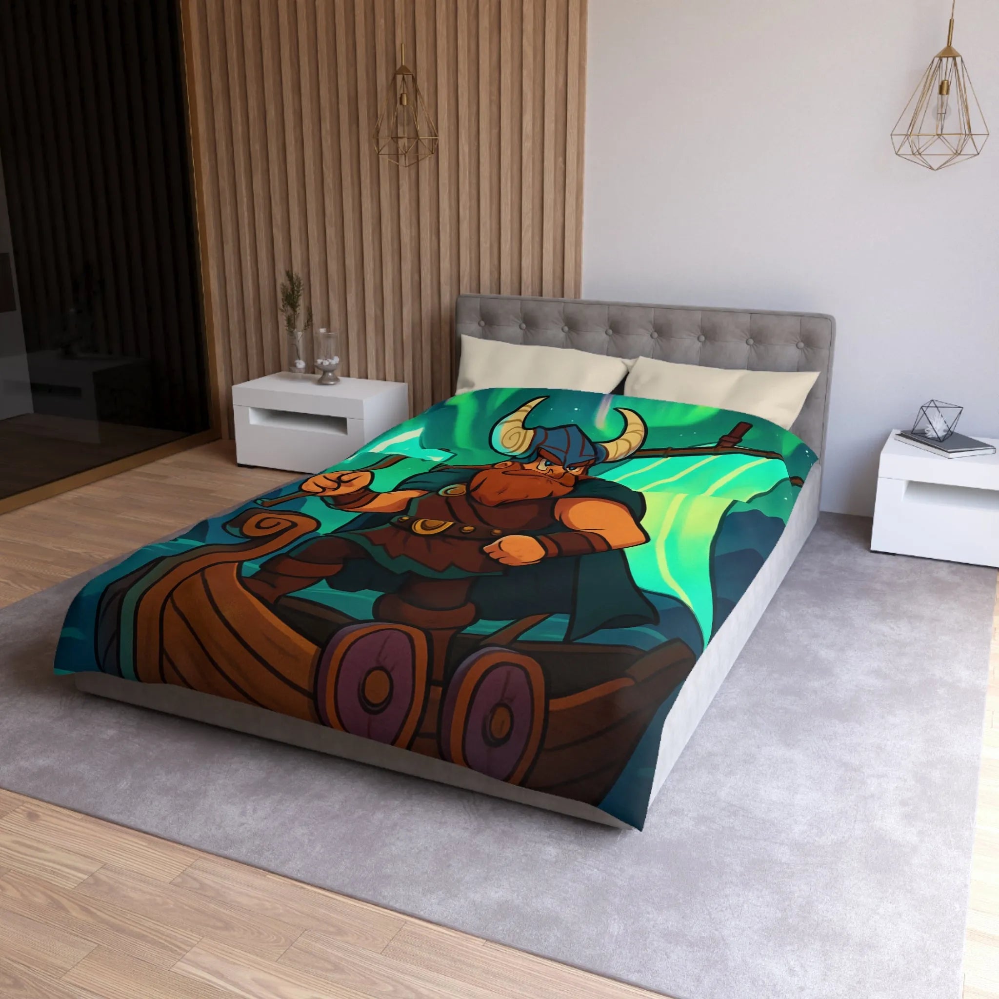 Housse de couette épique viking avec aurore boréale et bateau en pleine mer