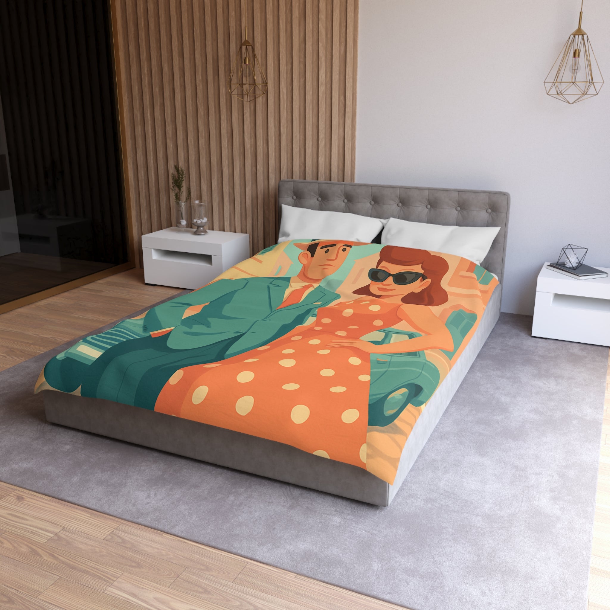 Housse de couette vintage rétro avec couple élégant en habits années 50 chic