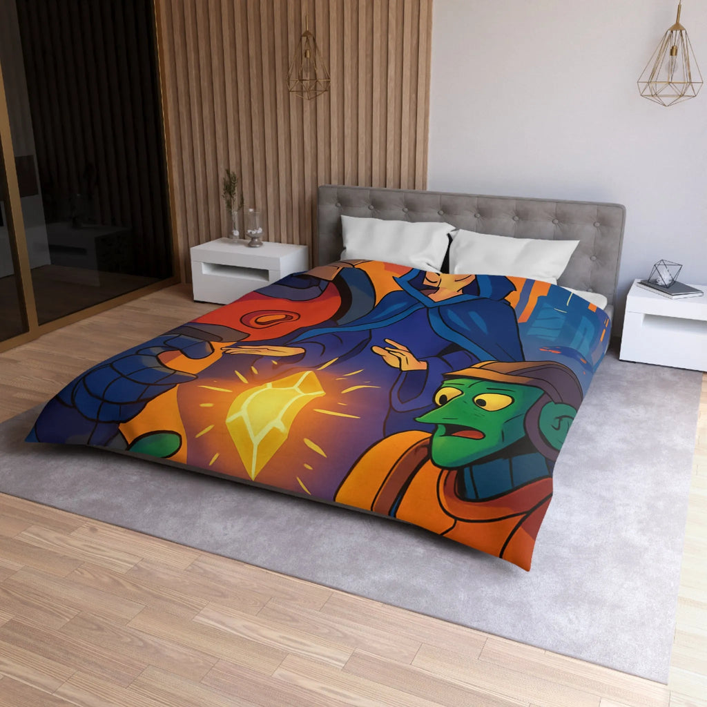 Housse de couette colorée avec illustration futuriste d'artefact mystérieux et personnages intrigants