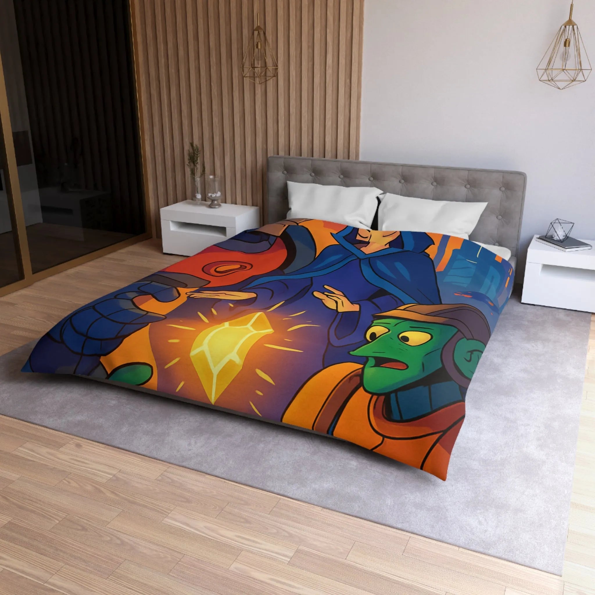 Housse de couette colorée avec illustration futuriste d'artefact mystérieux et personnages intrigants