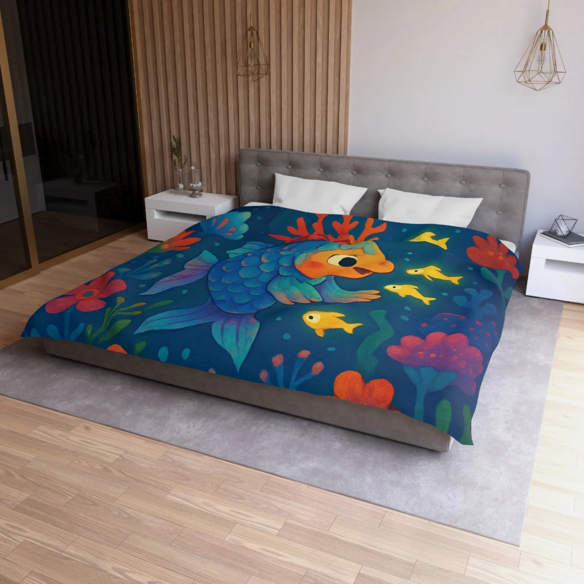 Housse de Couette Colorée avec Poisson et Lune, Idéale Chambre Enfant Rêveuse