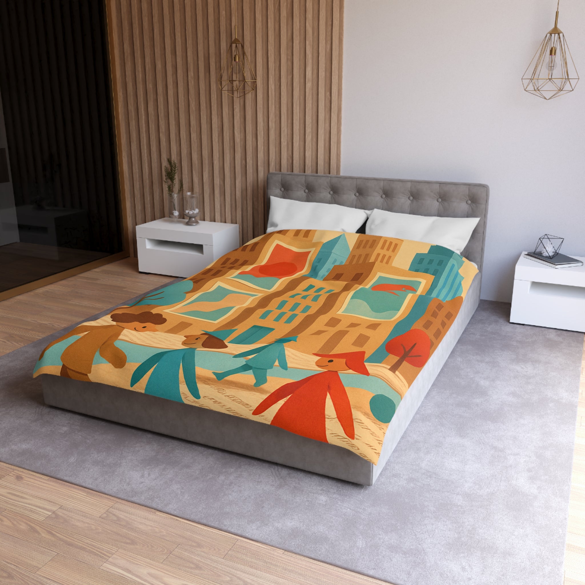 Housse de couette urbaine vintage : architecture colorée, silhouettes géométriques, ambiance rétro joyeuse