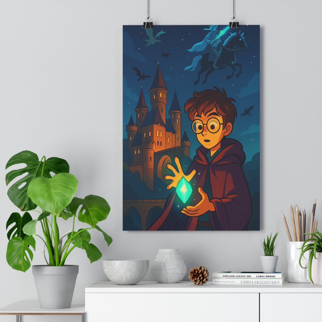 Poster décoratif cartoon féérique sorcier château ciel étoilé chambre enfant créature magique 30x46 cm