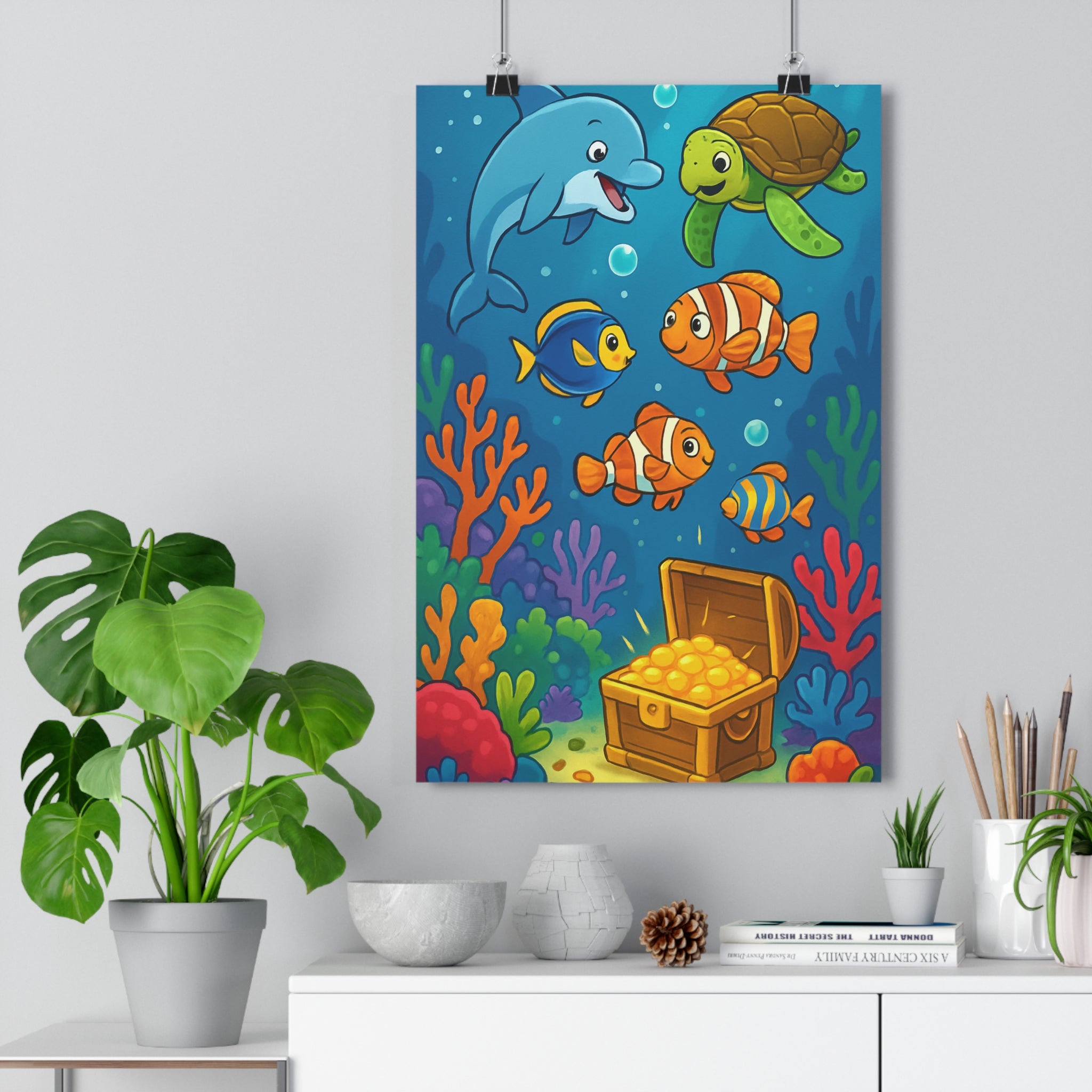 Poster décoratif océan enfants aventure cartoon bleu joyeux coloré chambre ludique tortue dauphin poisson