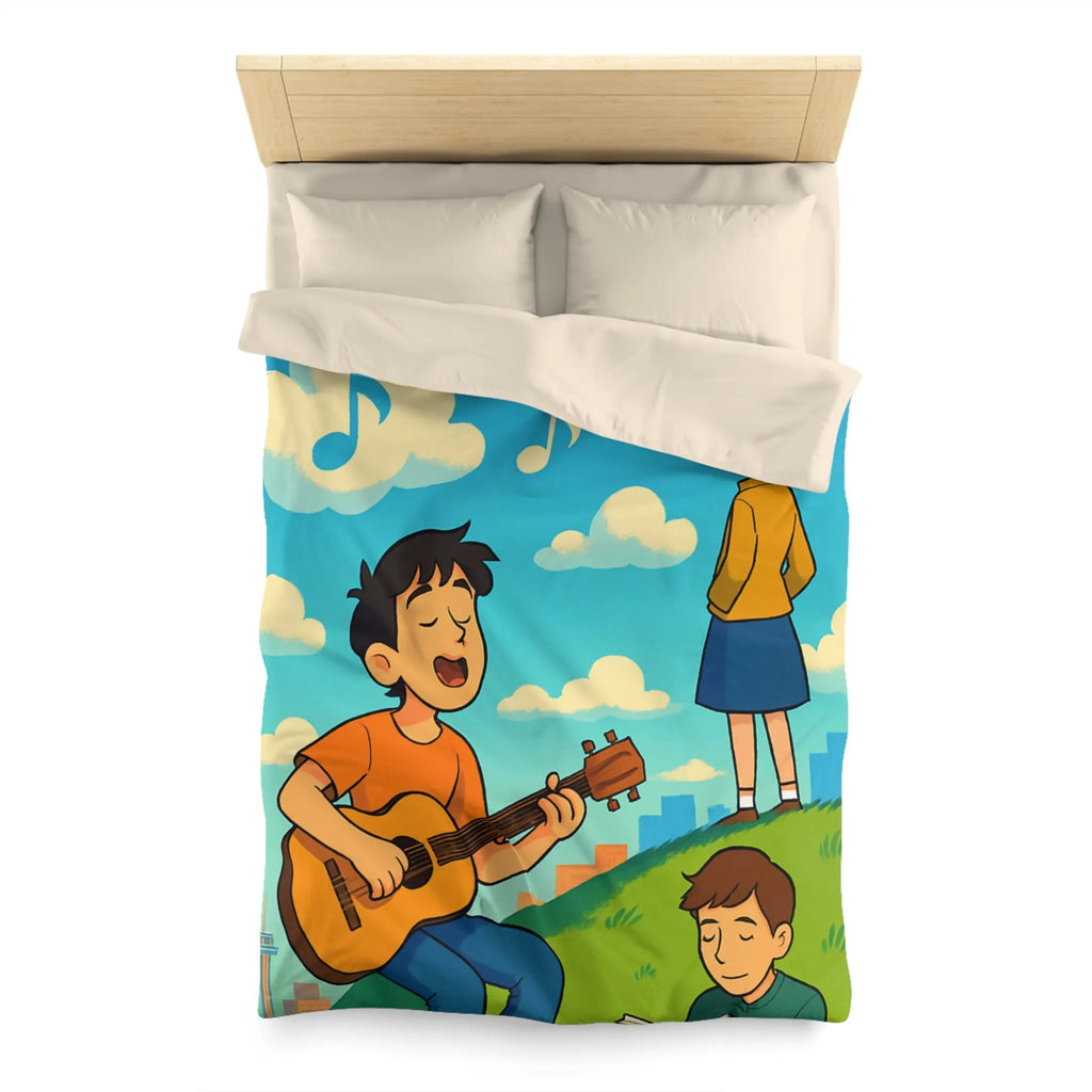 Housse de couette avec personnages chantant et lisant sur colline ensoleillée