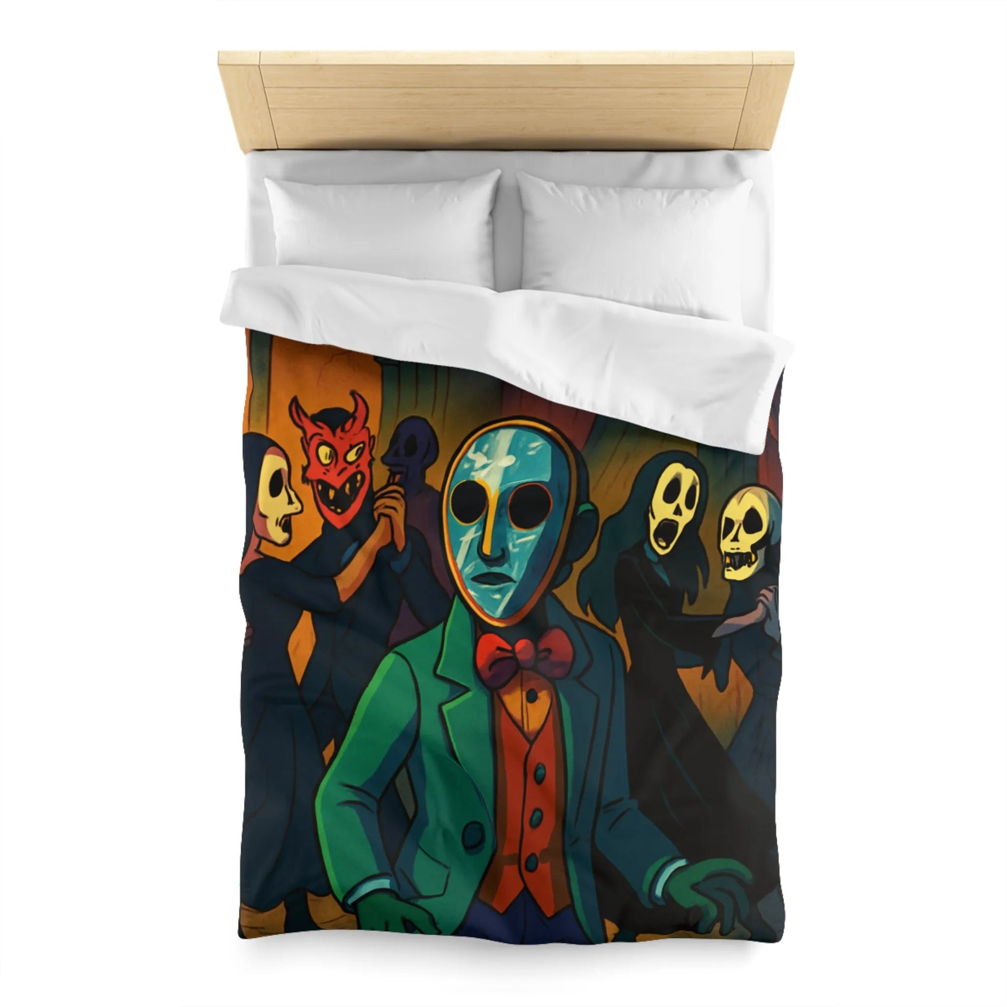 Housse de couette Halloween Bal masqué sombre, masques effrayants, ambiance mystérieuse unique