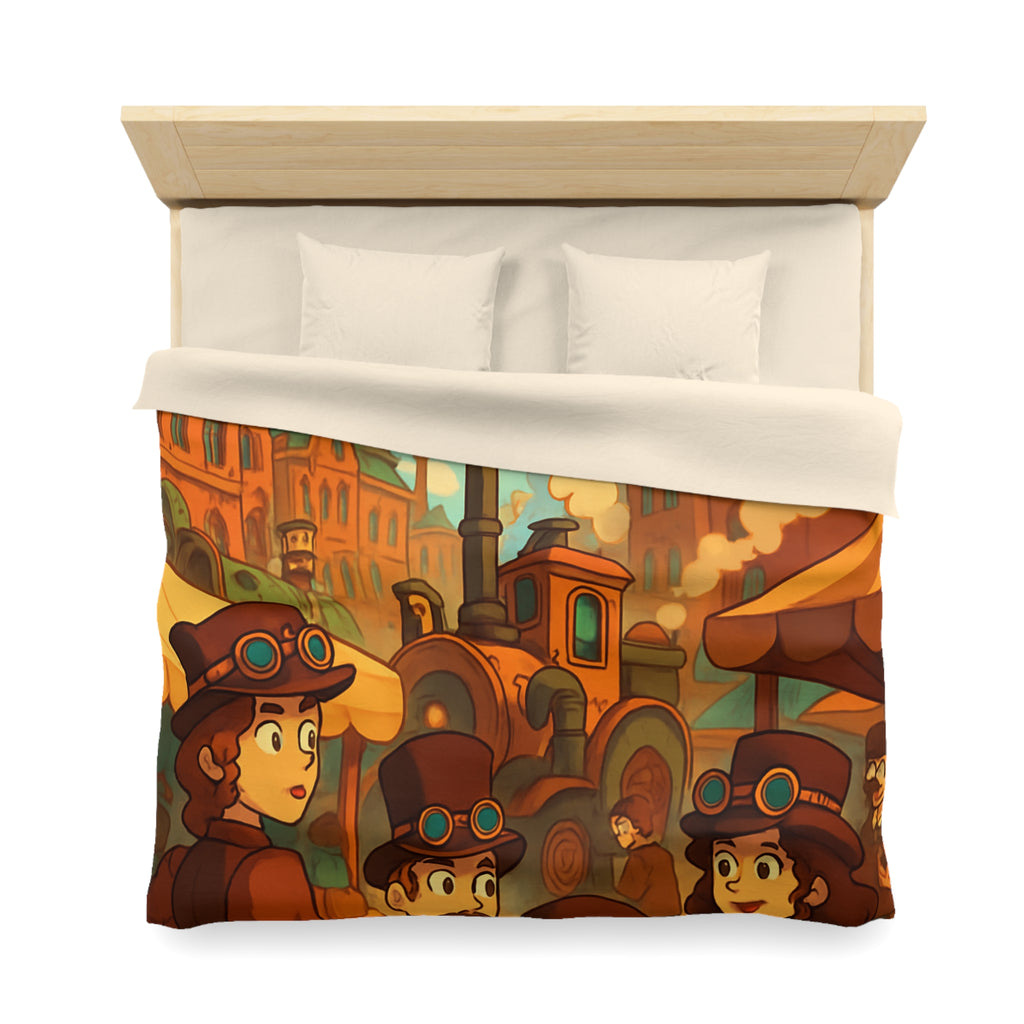 Housse de couette steampunk rétro avec famille, dirigeables et ville victorienne animée