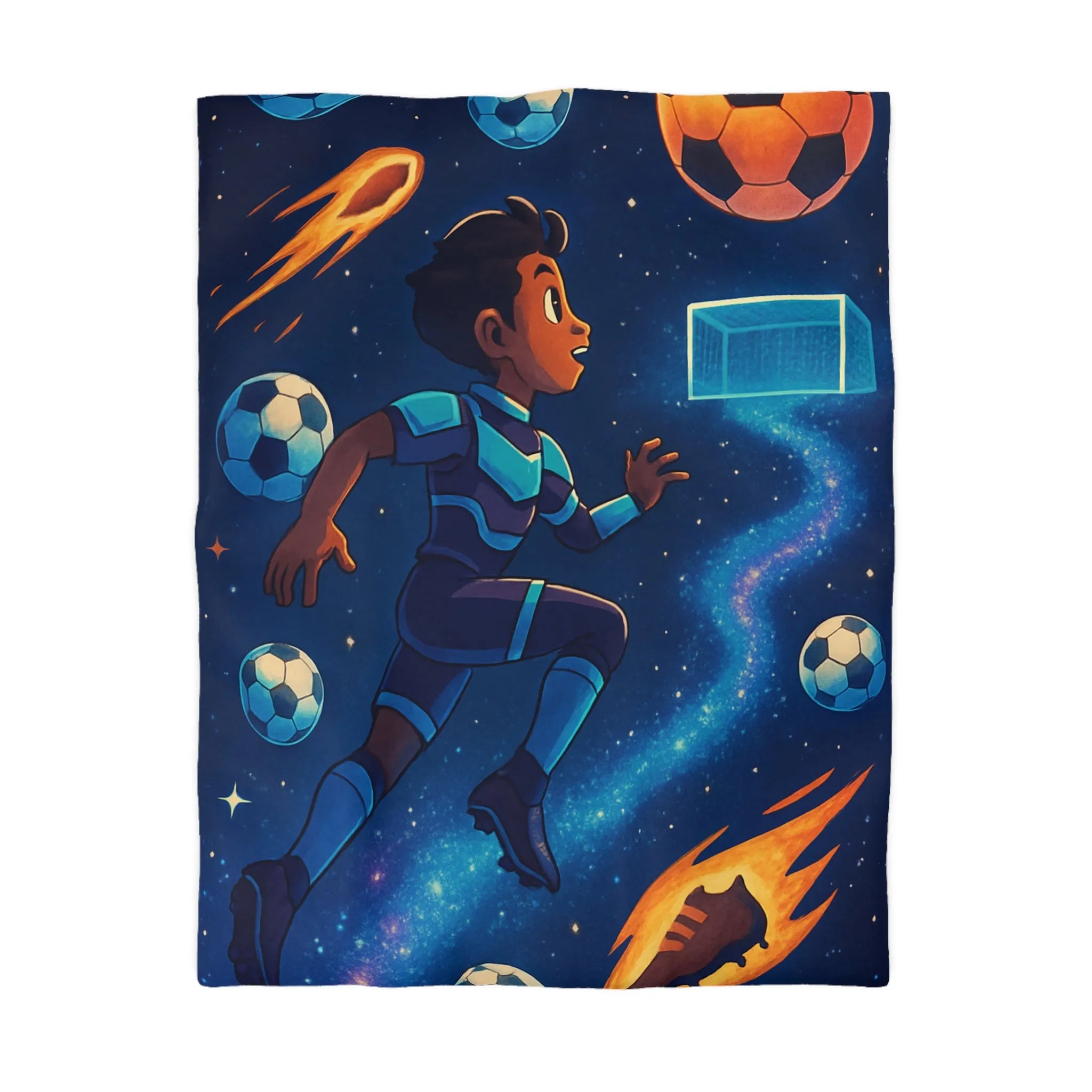 Housse de couette espace football pour enfants, avec joueurs et ballons colorés