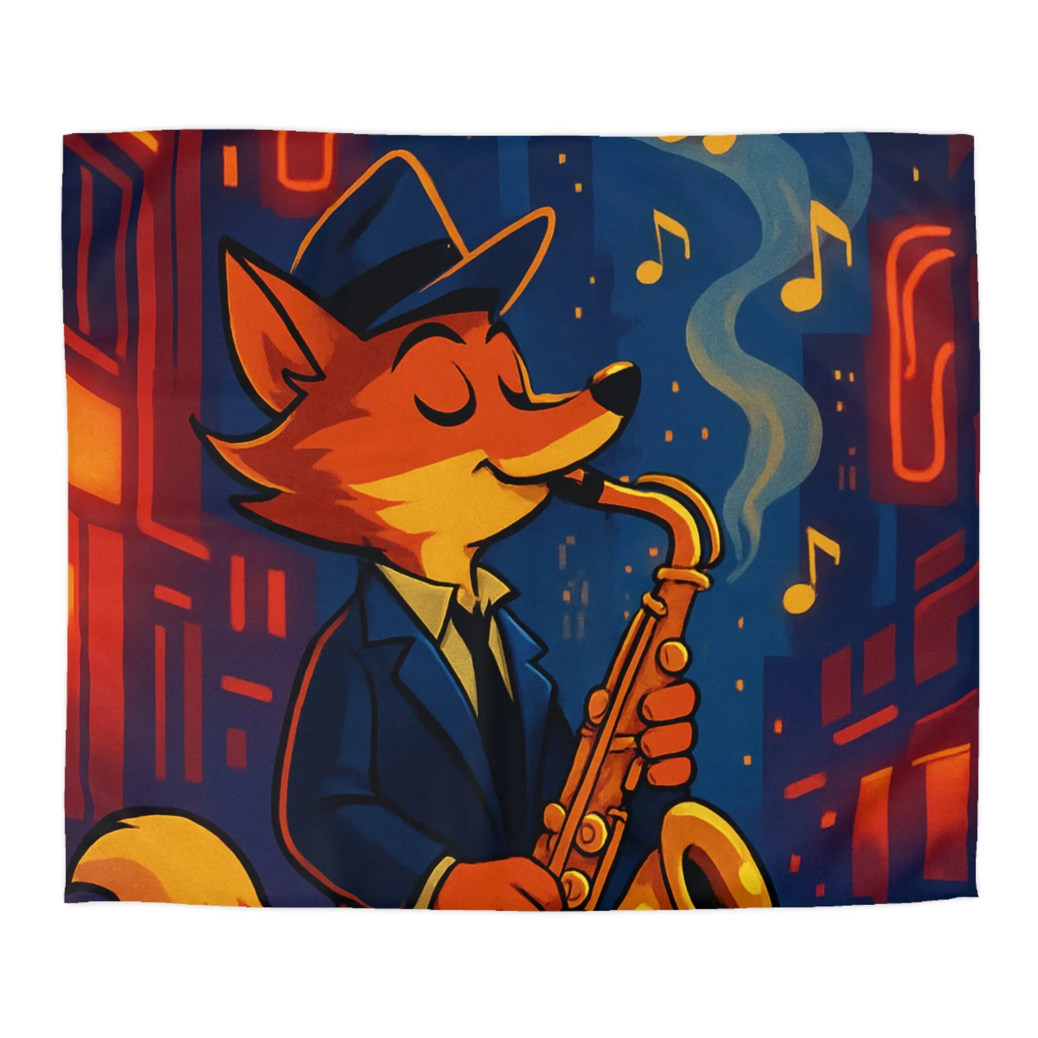 Housse de Couette Jazz de Rue avec Renard Jouant du Saxophone Sous les Réverbères