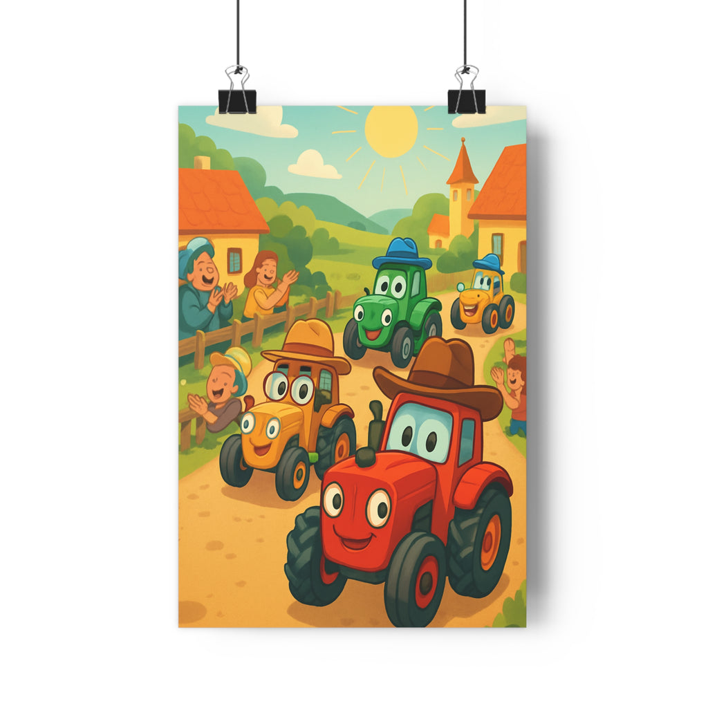 Poster décoratif cartoon coloré rouge jaune vert joyeux enfant chambre campagne festif souriant villageois