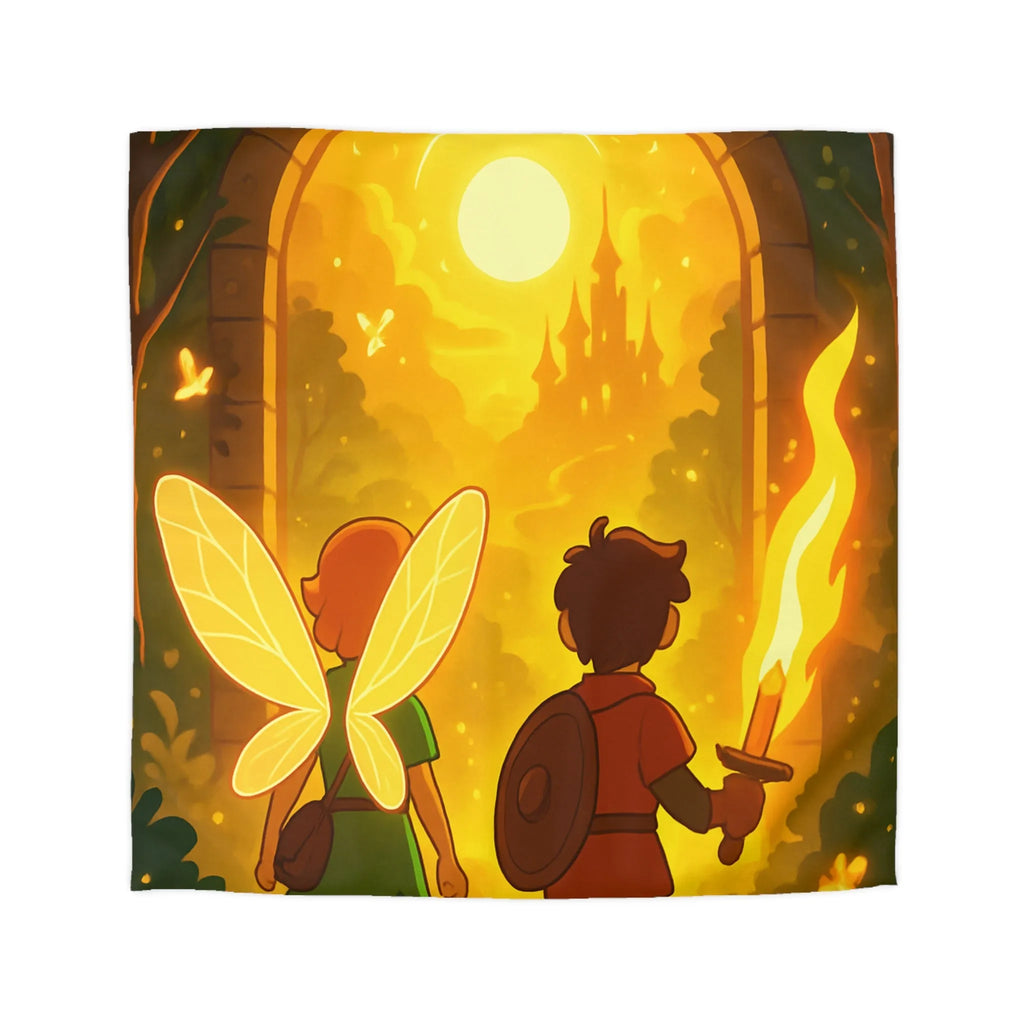 Housse de couette féerique avec fées et aventuriers dans une forêt enchantée magique