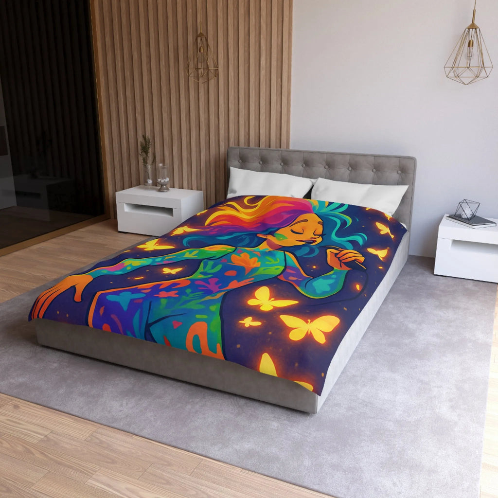 Housse de Couette Colorée : Artiste Chantant Entourée de Papillons Lumineux et Vibrants