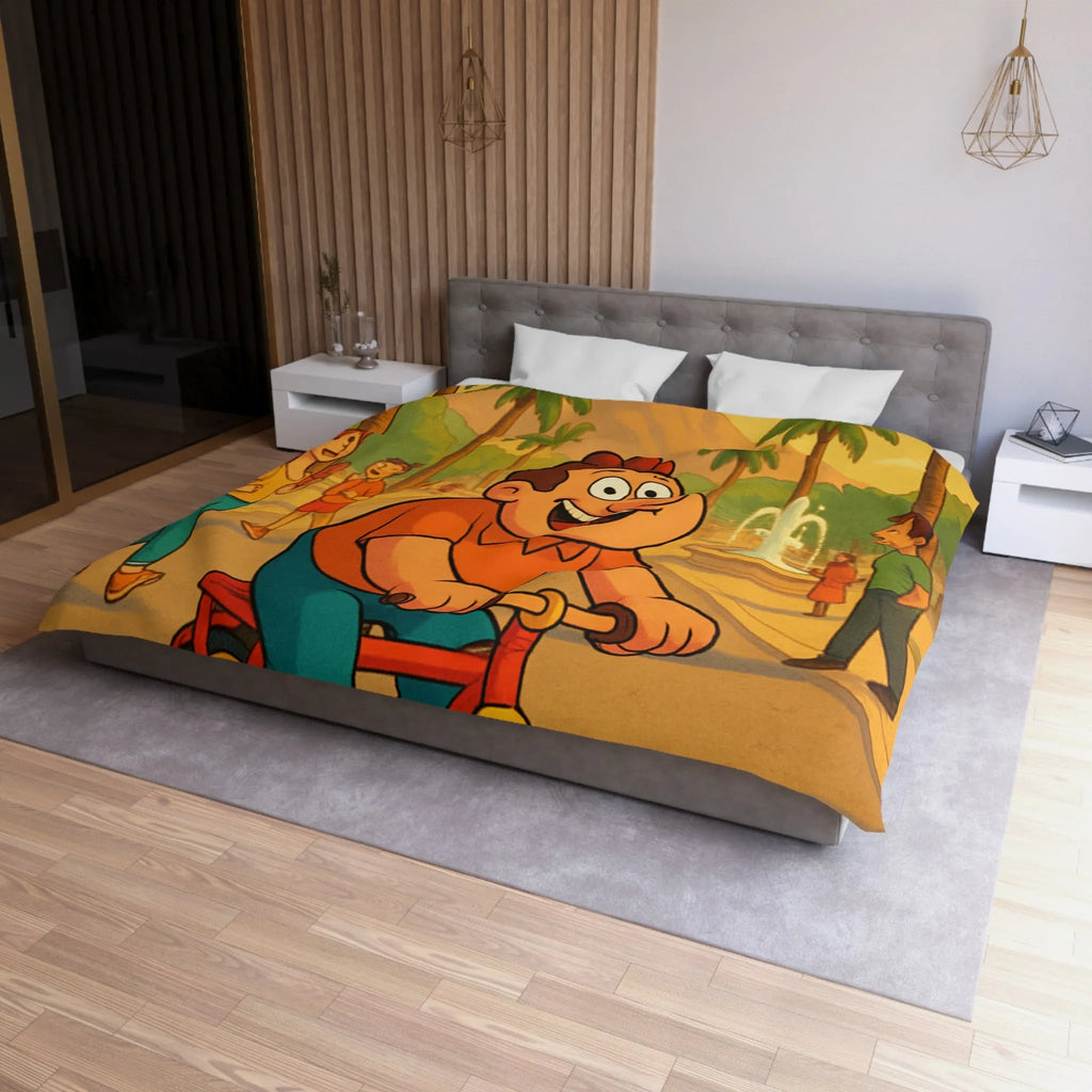 Housse de Couette Cartoon Joyeuse avec Cycliste dans un Parc Tropical et Fontaine