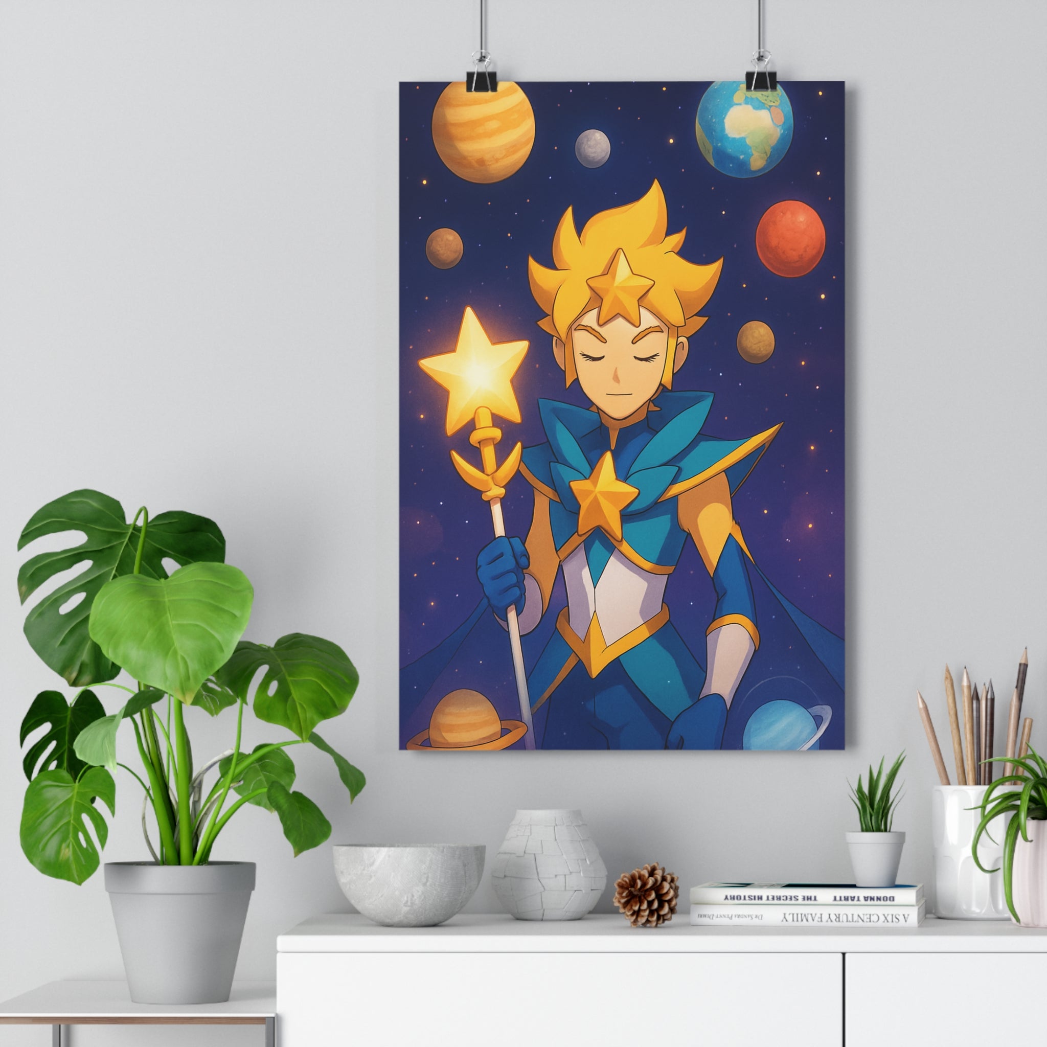 Poster décoratif cartoon bleu or mystique féerique enfant astronomie chambre magique céleste 30x46 lumineux