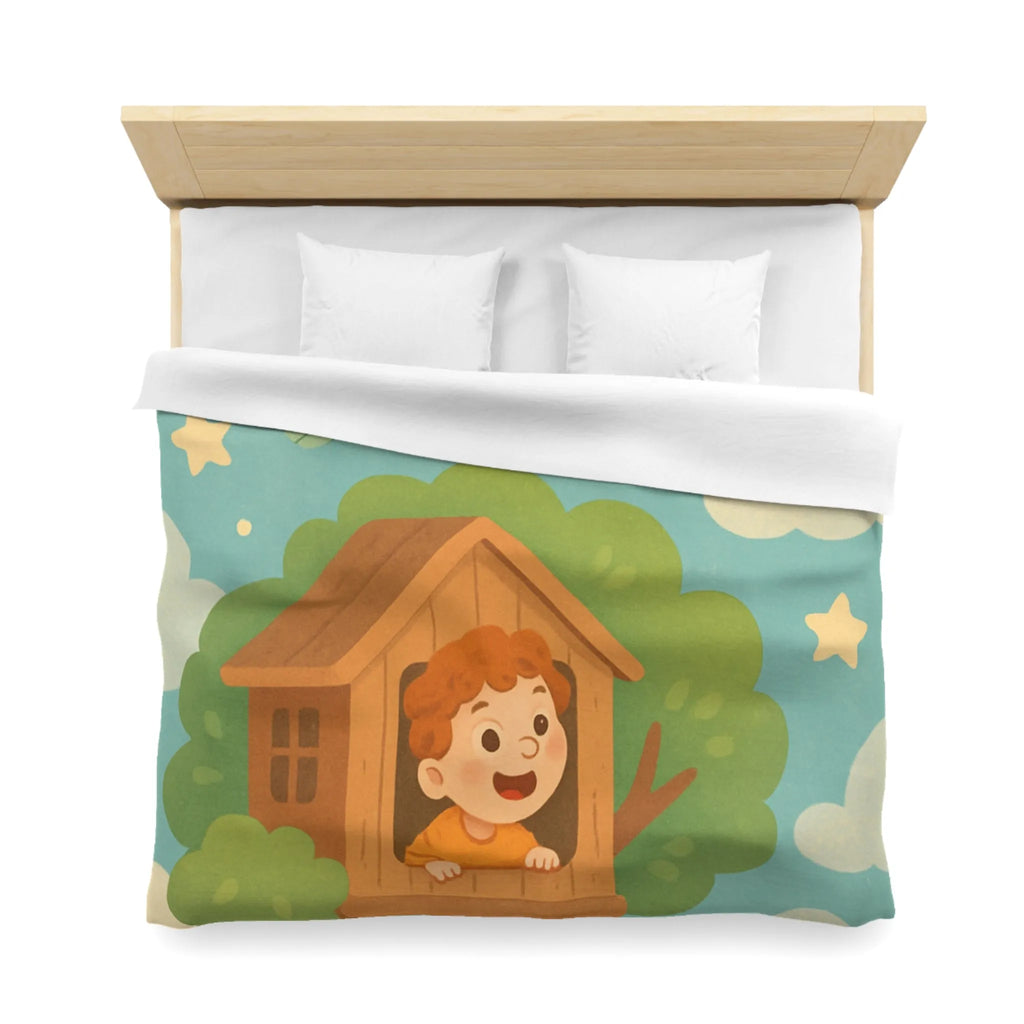 Housse de Couette Enfant Colorée avec Dragon, Maisonnette Arbre et Étoiles Féeriques