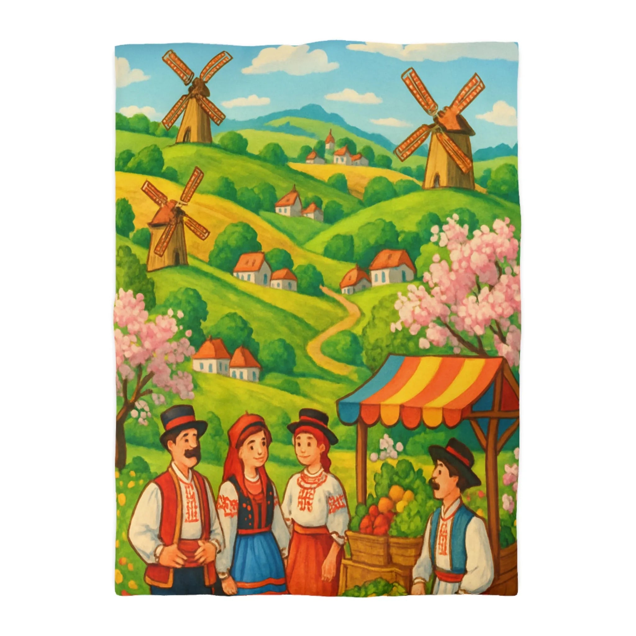 Housse de couette avec village champêtre, moulins et marché aux couleurs vives