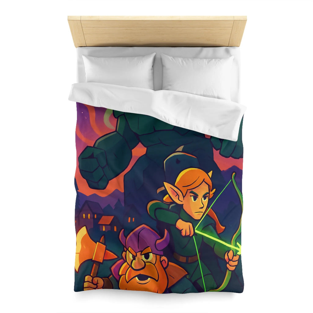 Housse de Couette Fantastique avec Guerrier, Archer et Golem sous Aurores Boréales Éclatantes