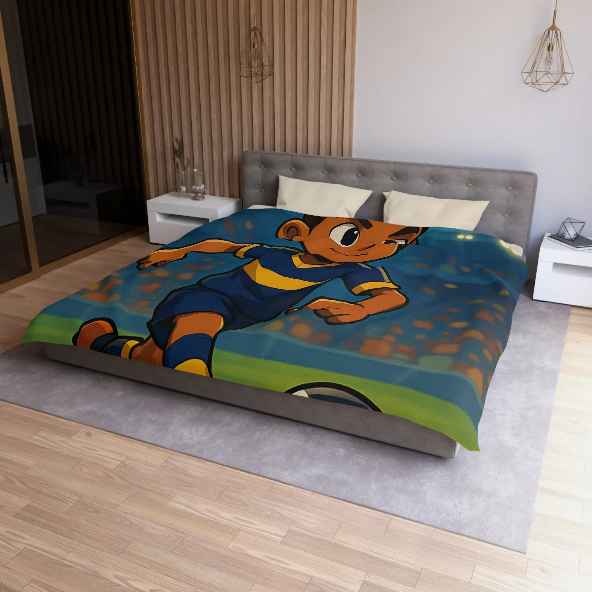 Housse de Couette Enfant Footballeur Dessin Animé, Terrain de Jeu Lumineux Sportif