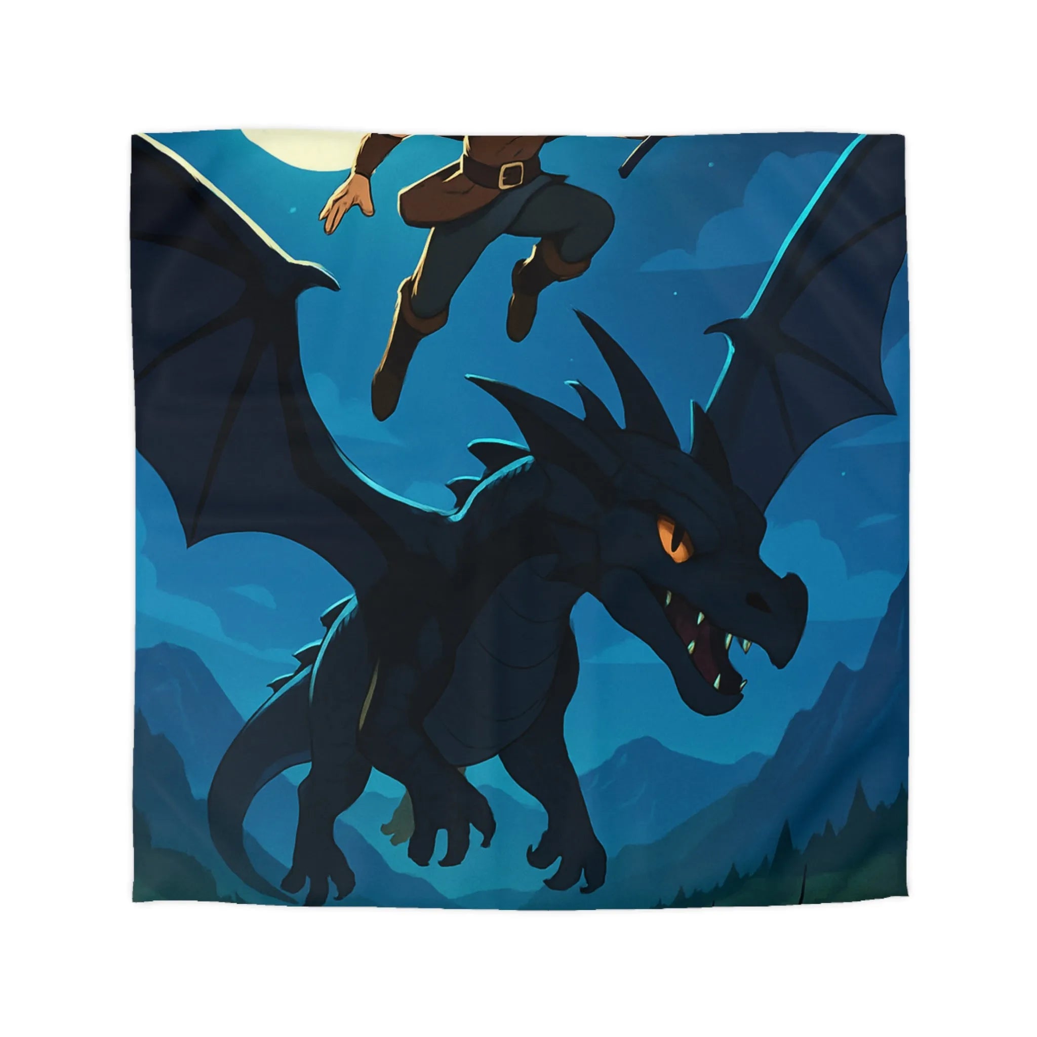 Housse de couette épique avec dragon volant et sorcier sous la pleine lune magique