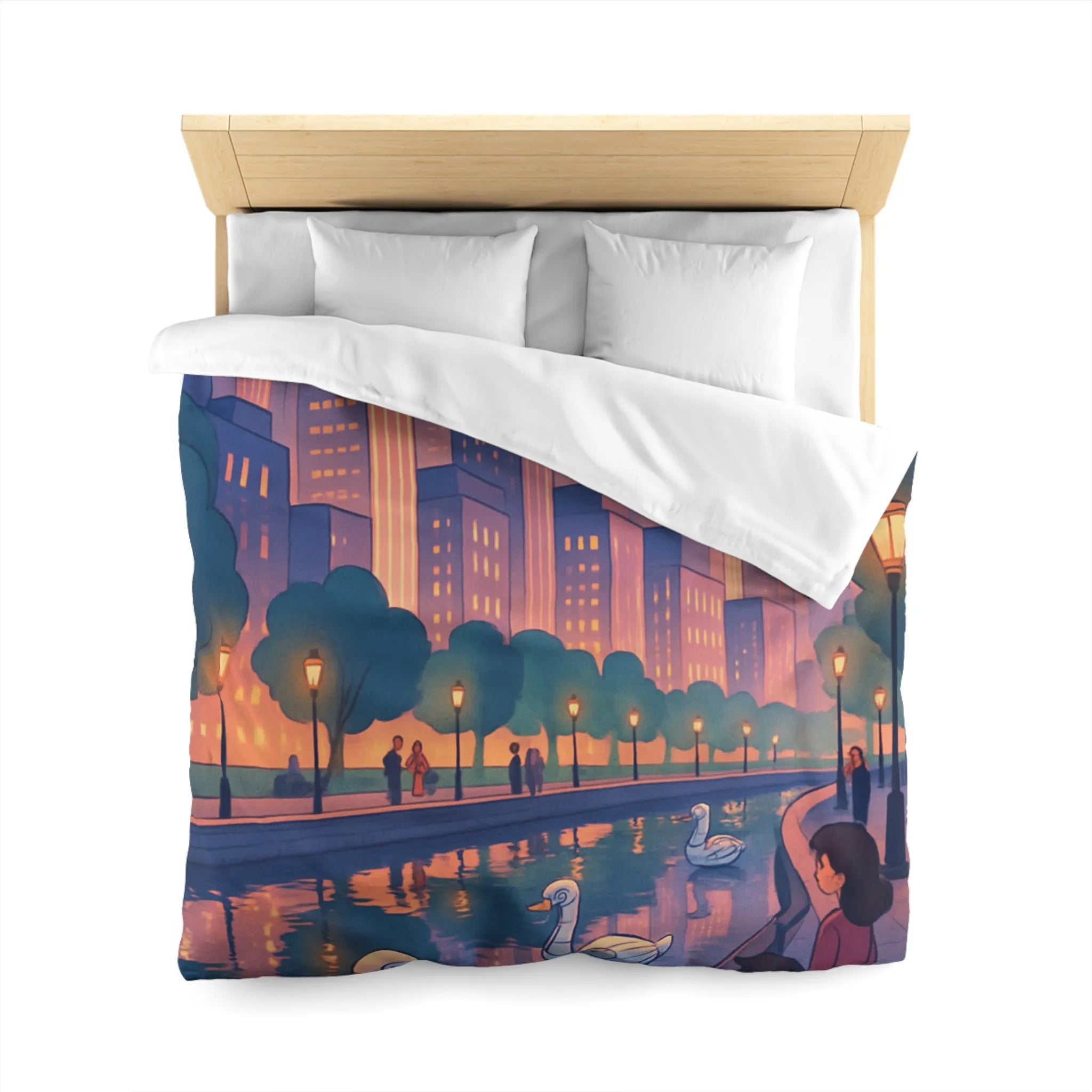 Housse de couette illustrée avec cygnes et skyline urbaine au coucher du soleil