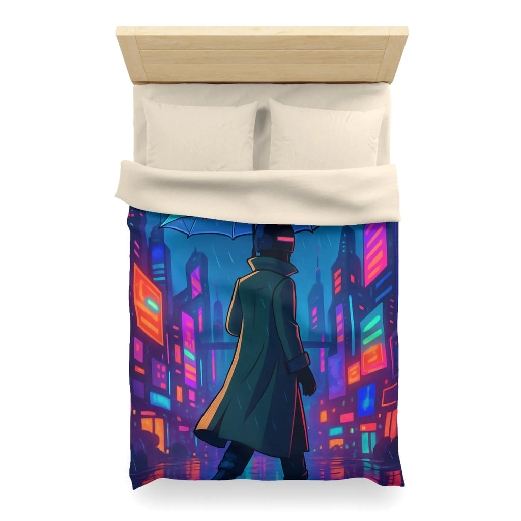 Housse de Couette Design Futuriste Ville Néon avec Parapluie et Pluie Nocturne