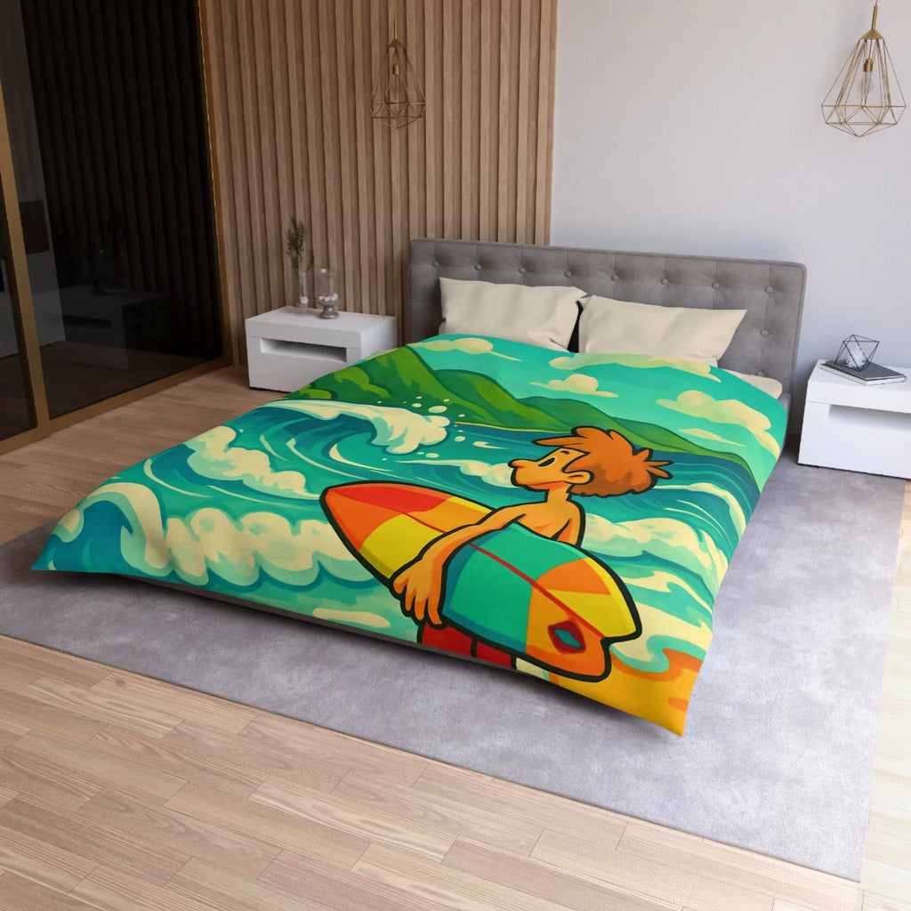Housse de couette avec dessin coloré de plage pour enfants et surfeur
