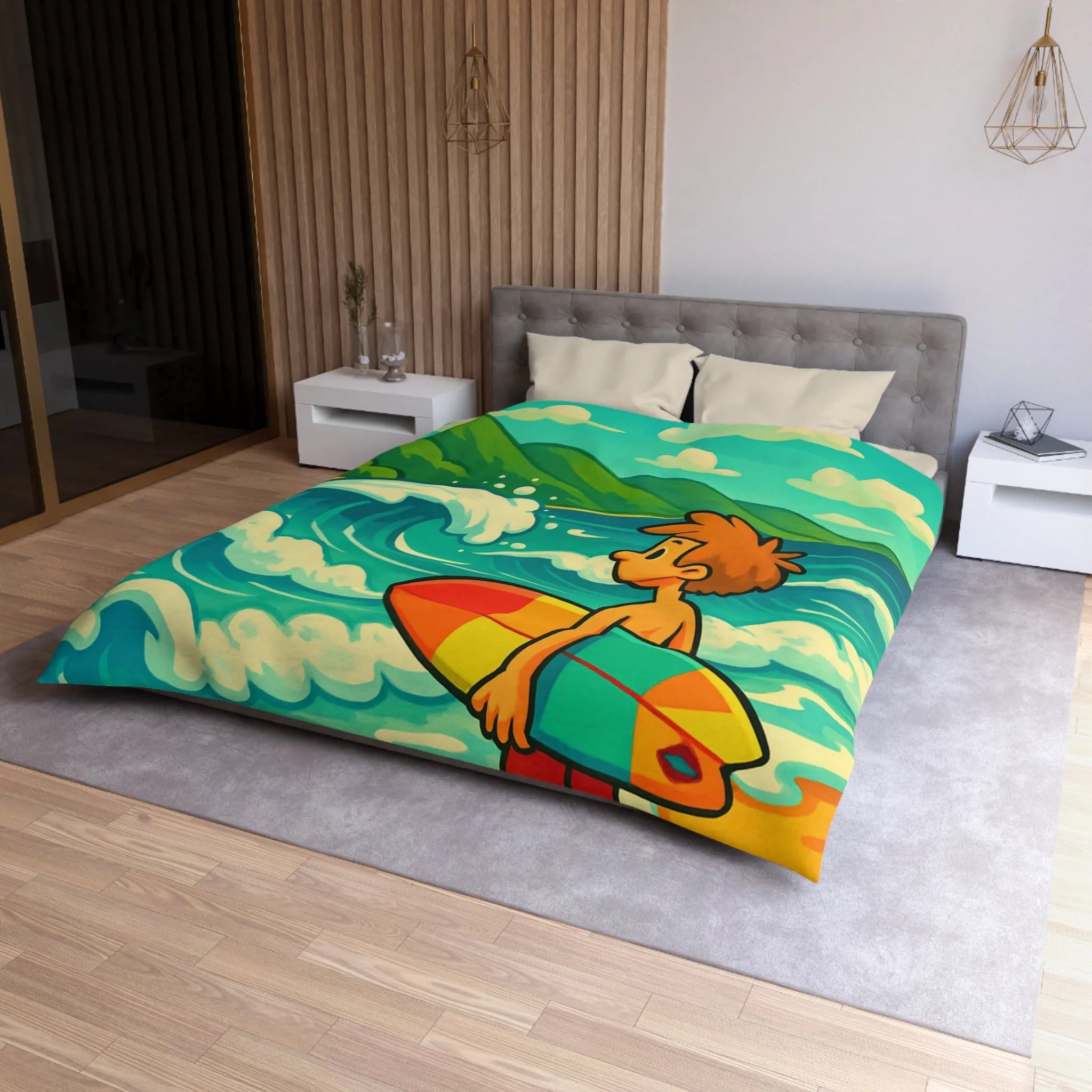Housse de couette avec dessin coloré de plage pour enfants et surfeur