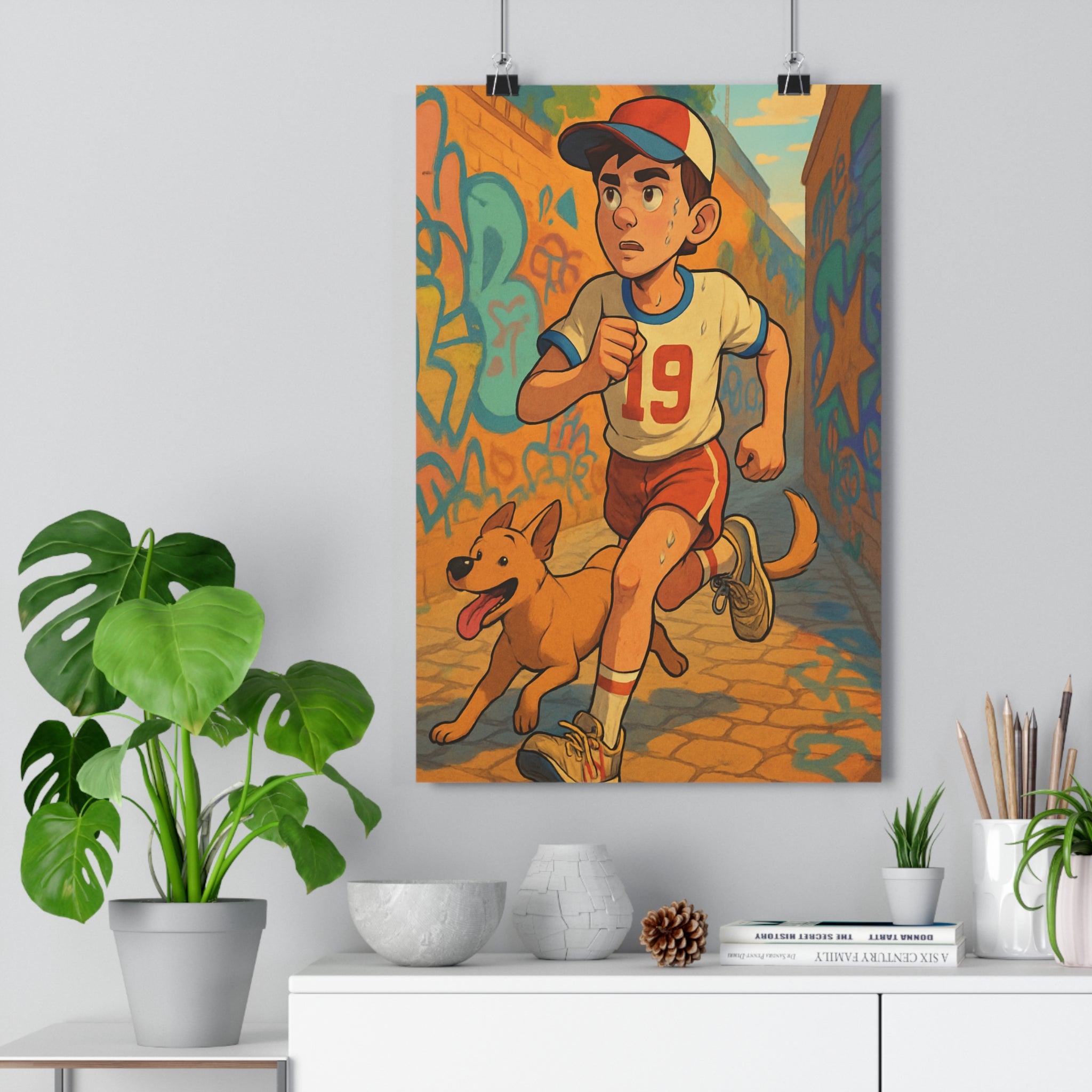 Poster décoratif urbain cartoon moderne joyeux coureur chien graffiti coloré vibrant salon chambre dynamique