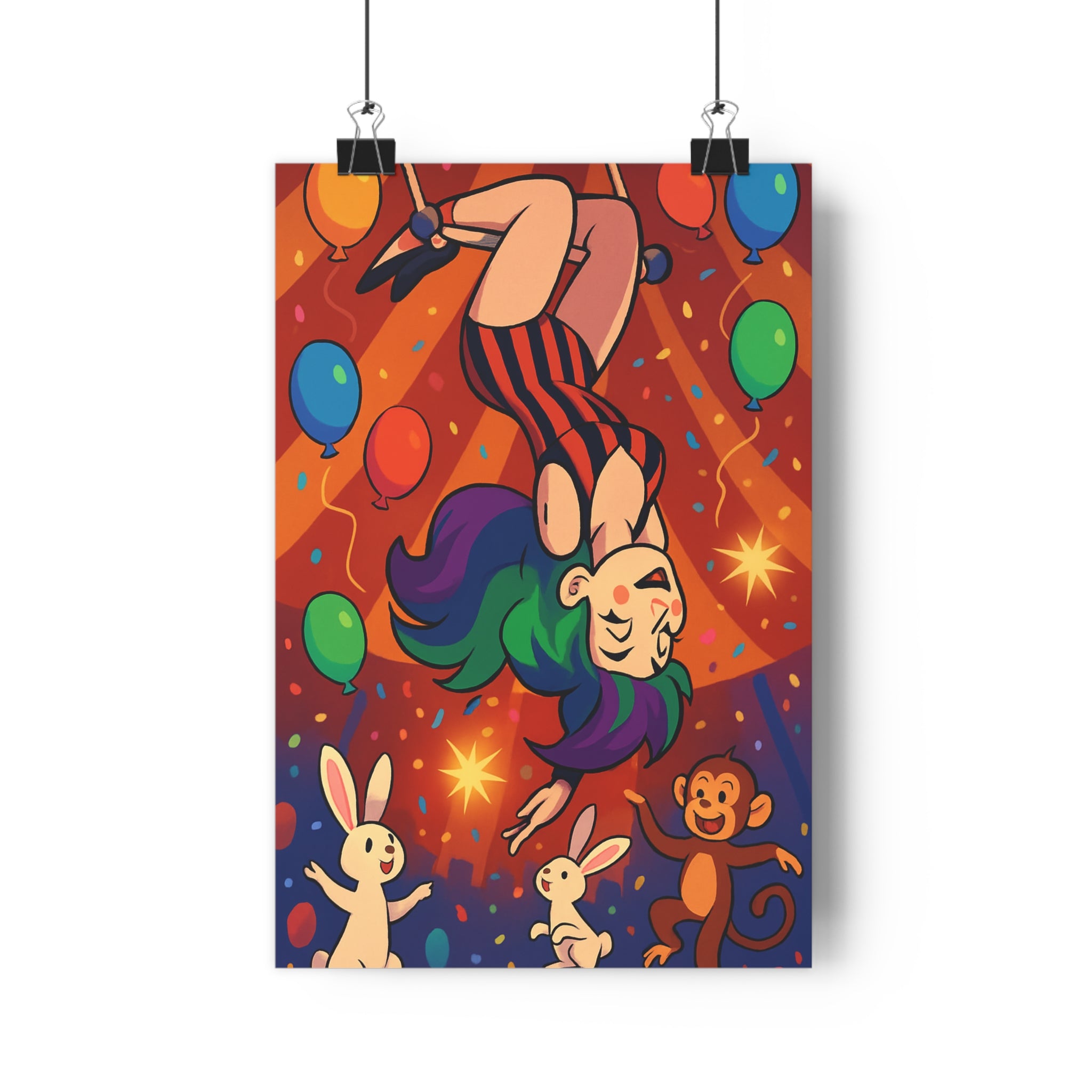 Poster décoratif animé rouge bleu vert joyeux chambre enfant ludique vibrant acrobate trapèze cirque