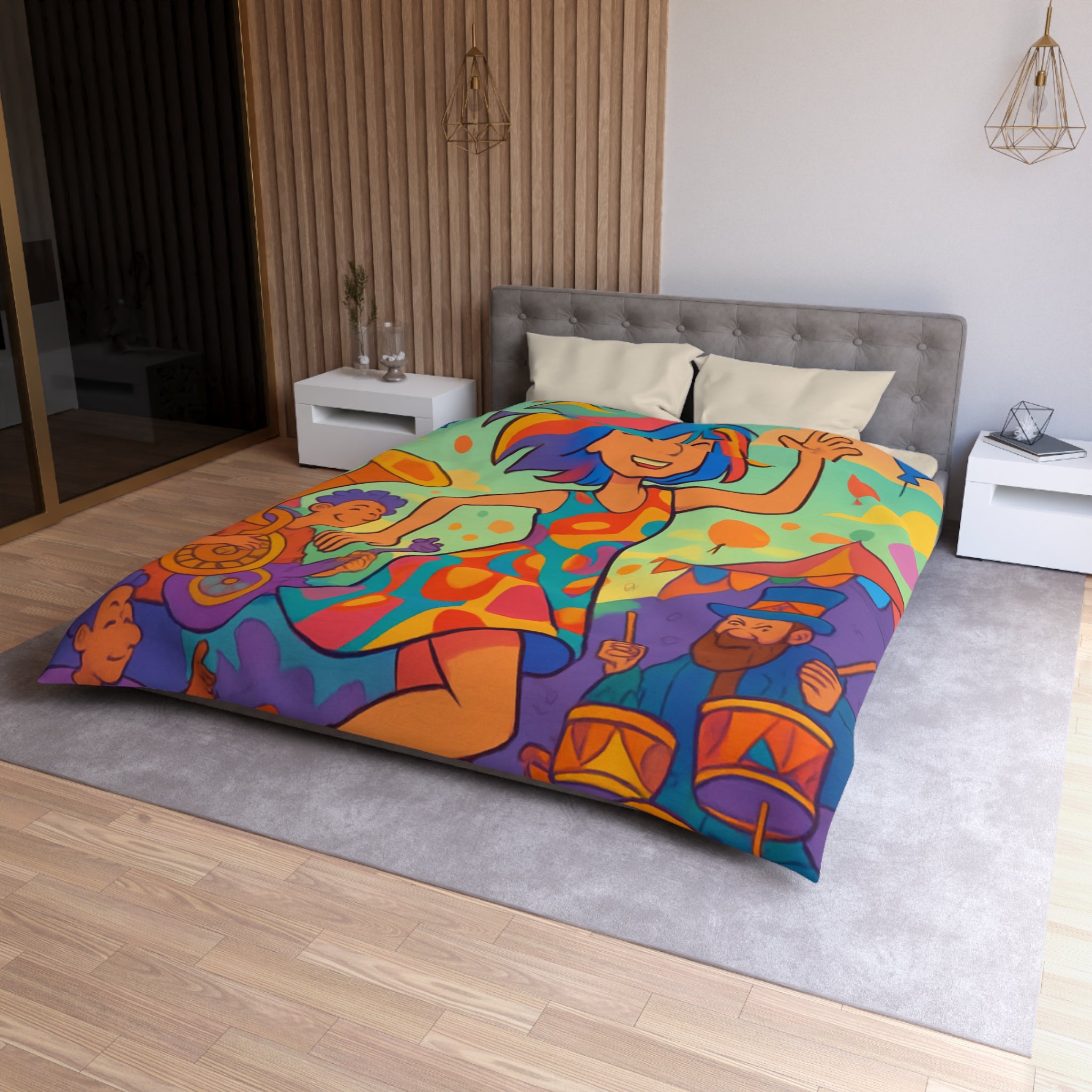 Housse de couette multicolore avec motif de fête joyeuse et personnages dansants