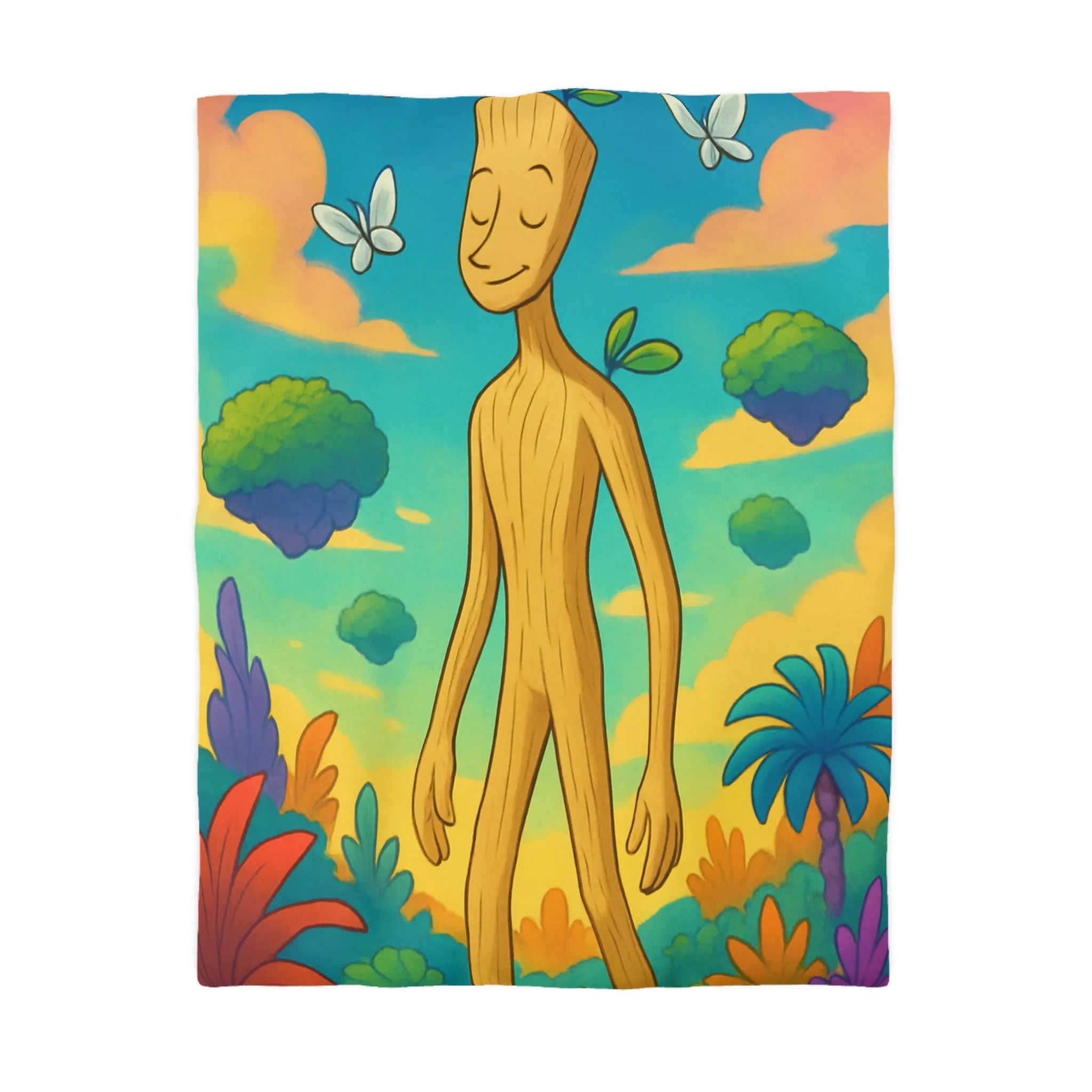Housse de couette enchanteresse avec paysage coloré, créature en bois et papillons
