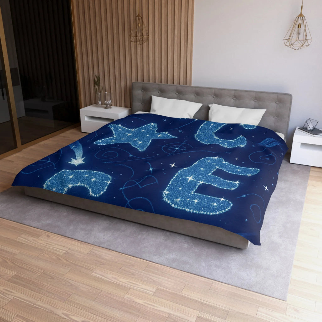 Housse de couette espace étoilé avec lettres scintillantes et planètes en arrière-plan