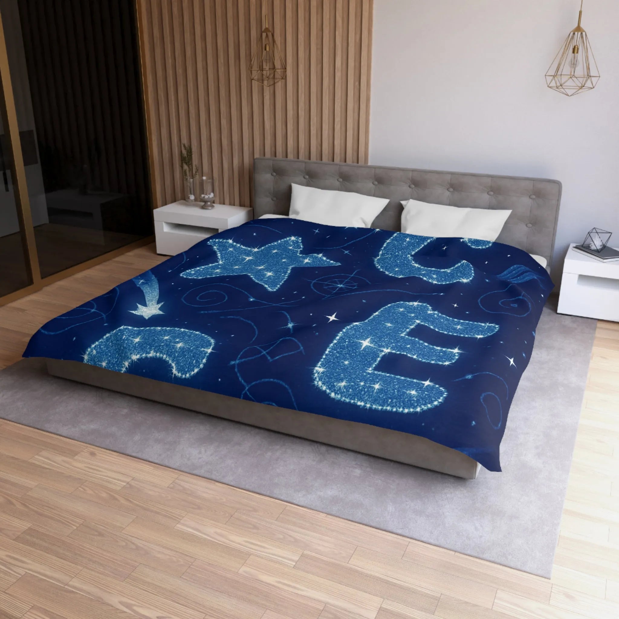 Housse de couette espace étoilé avec lettres scintillantes et planètes en arrière-plan