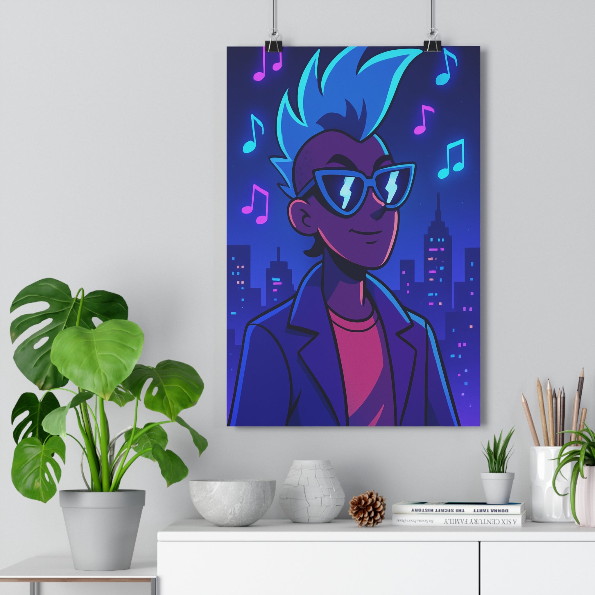 Poster décoratif urbain bleu moderne vibrant chevelure stylisée éclatante musique ambiance chambre salon notes