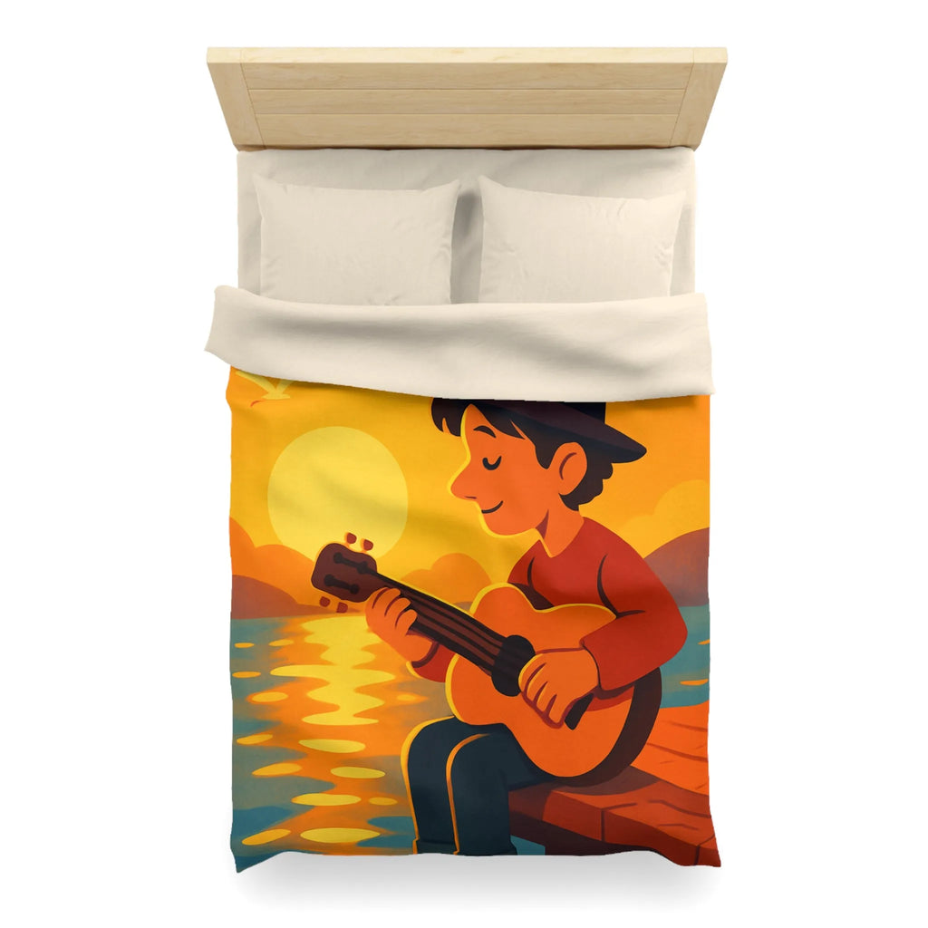 Housse de couette avec illustration relaxante d'un coucher de soleil et musicien