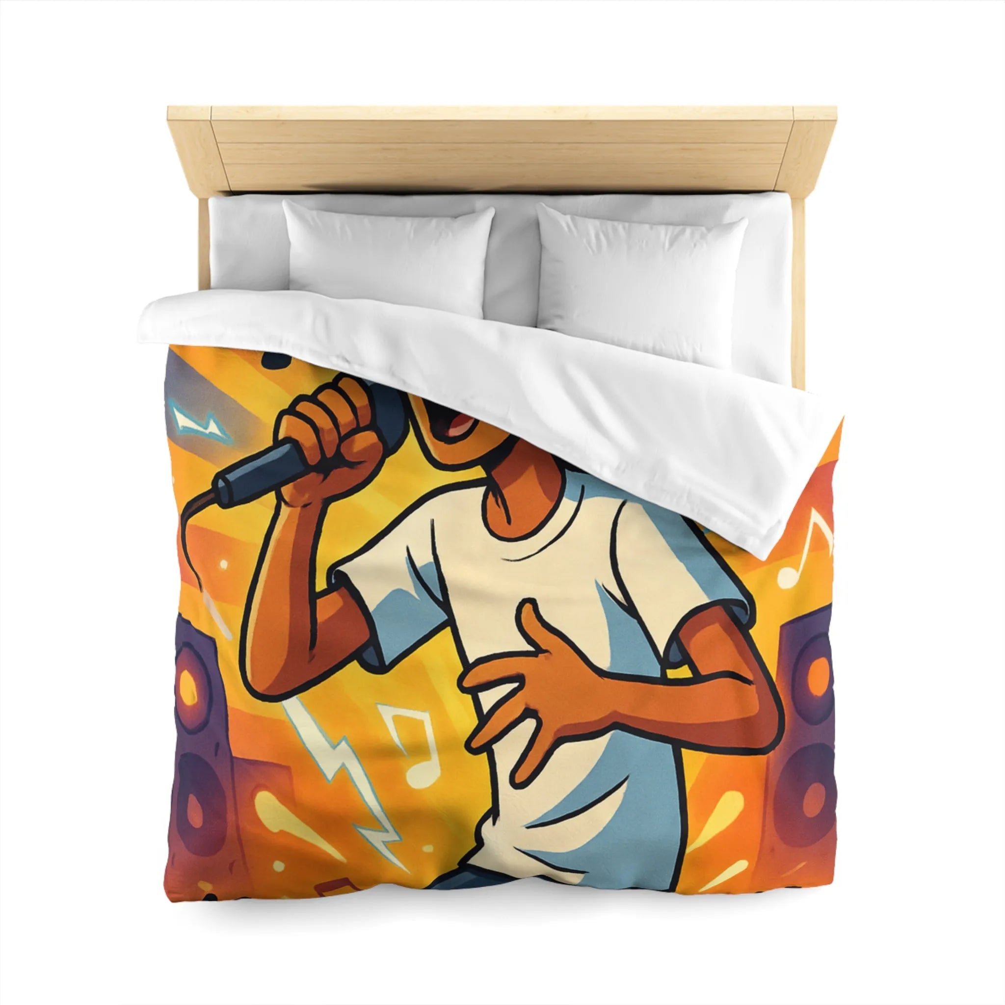 Housse de couette ambiance concert urbain avec chanteur et éclairs musicaux colorés